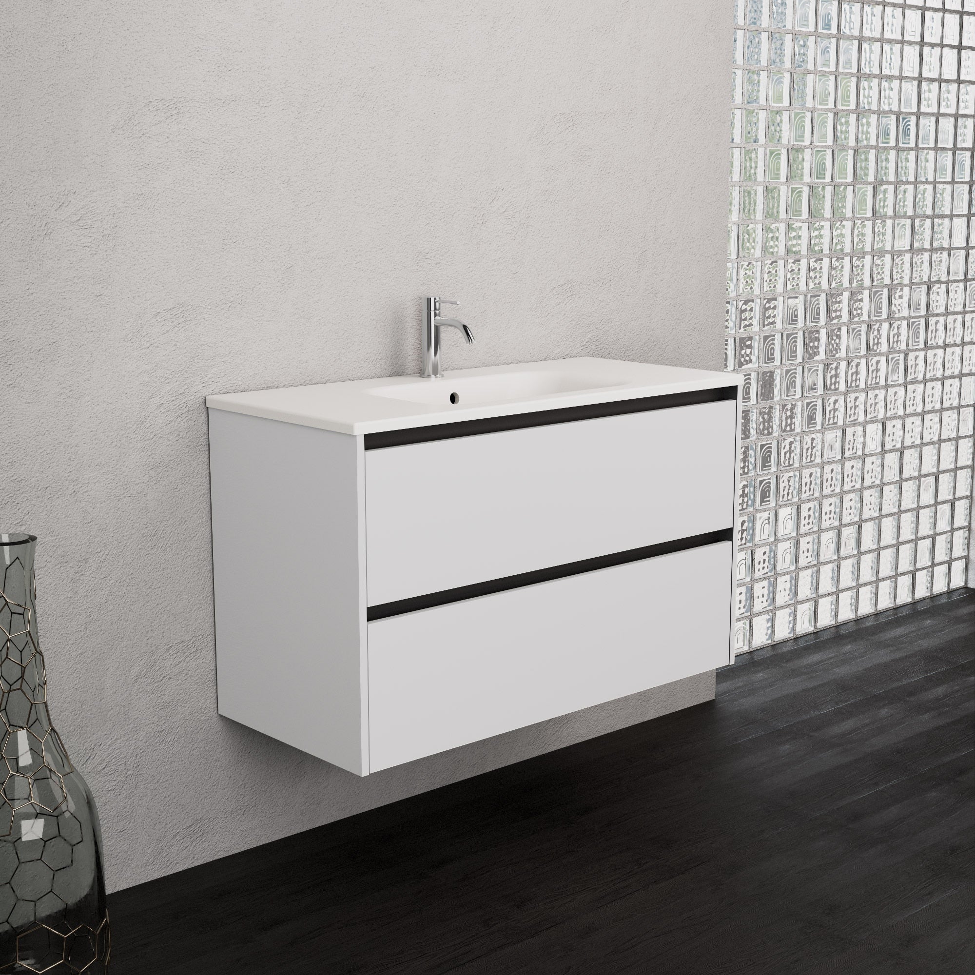 Inda - Mobile bagno L.100 con lavabo opaco / Bianco lucido 2 cassetti - Smeraldo