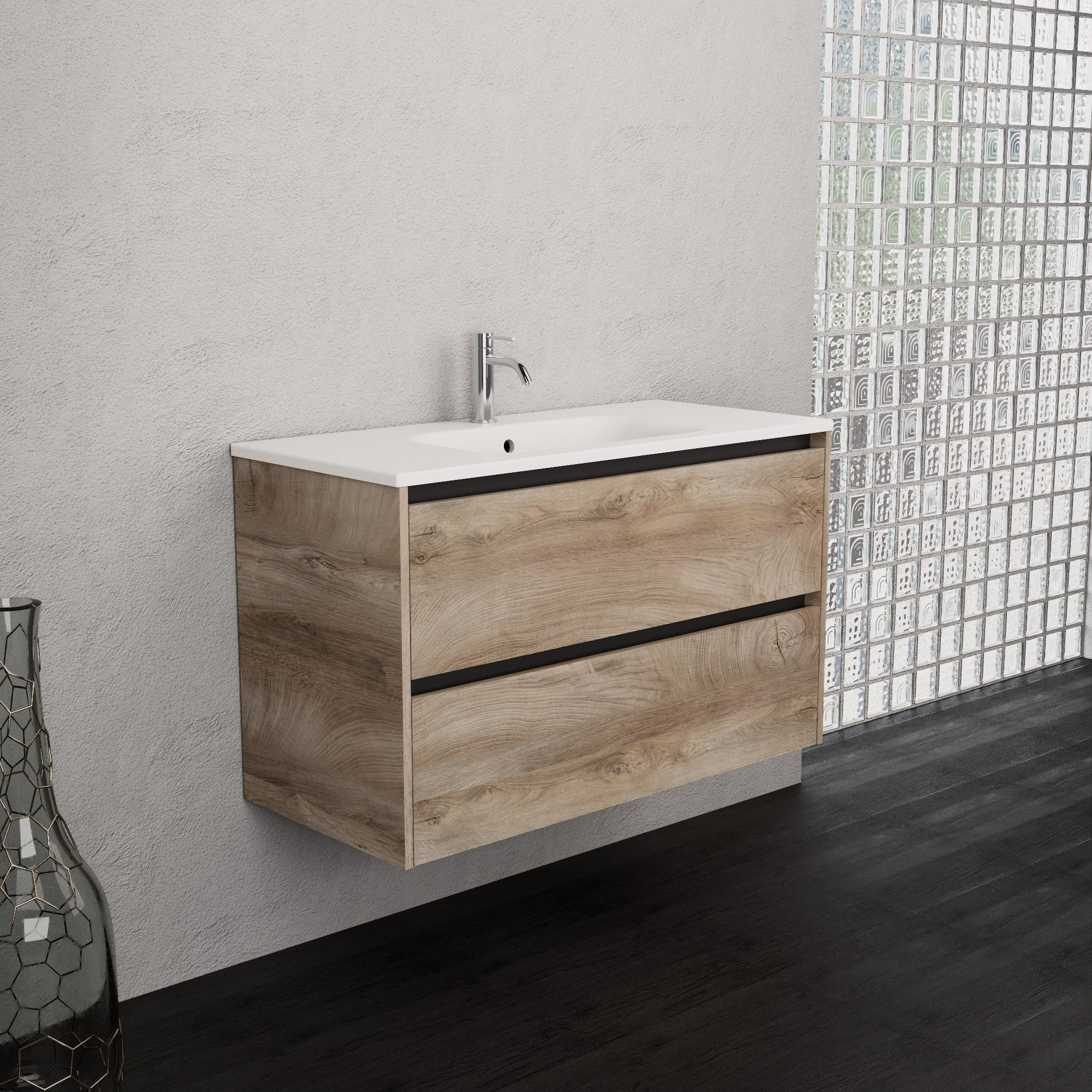 Inda - Mobile bagno L.100 con lavabo opaco / Rovere naturale 2 cassetti - Smeraldo