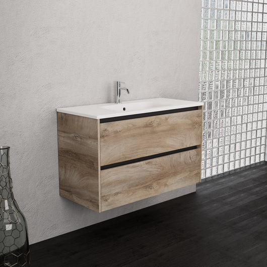 Inda - Mobile bagno L.100 con lavabo opaco / Rovere naturale 2 cassetti - Smeraldo