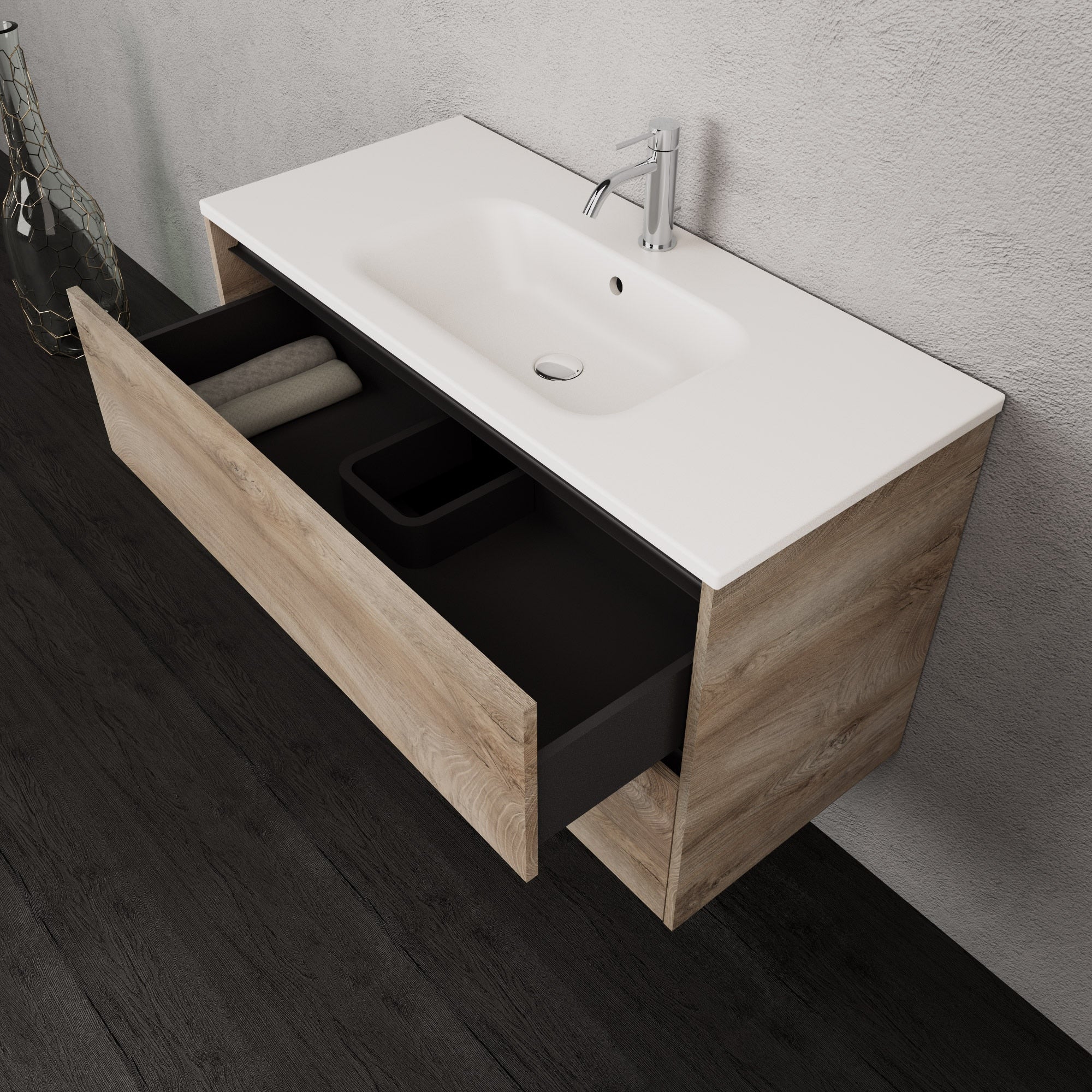 Inda - Mobile bagno L.100 con lavabo opaco / Rovere naturale 2 cassetti - Smeraldo
