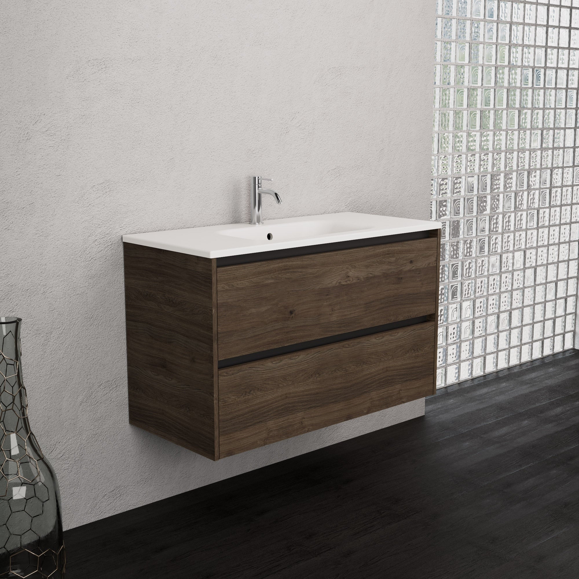 Inda - Mobile bagno L.100 con lavabo opaco / Rovere castano 2 cassetti - Smeraldo