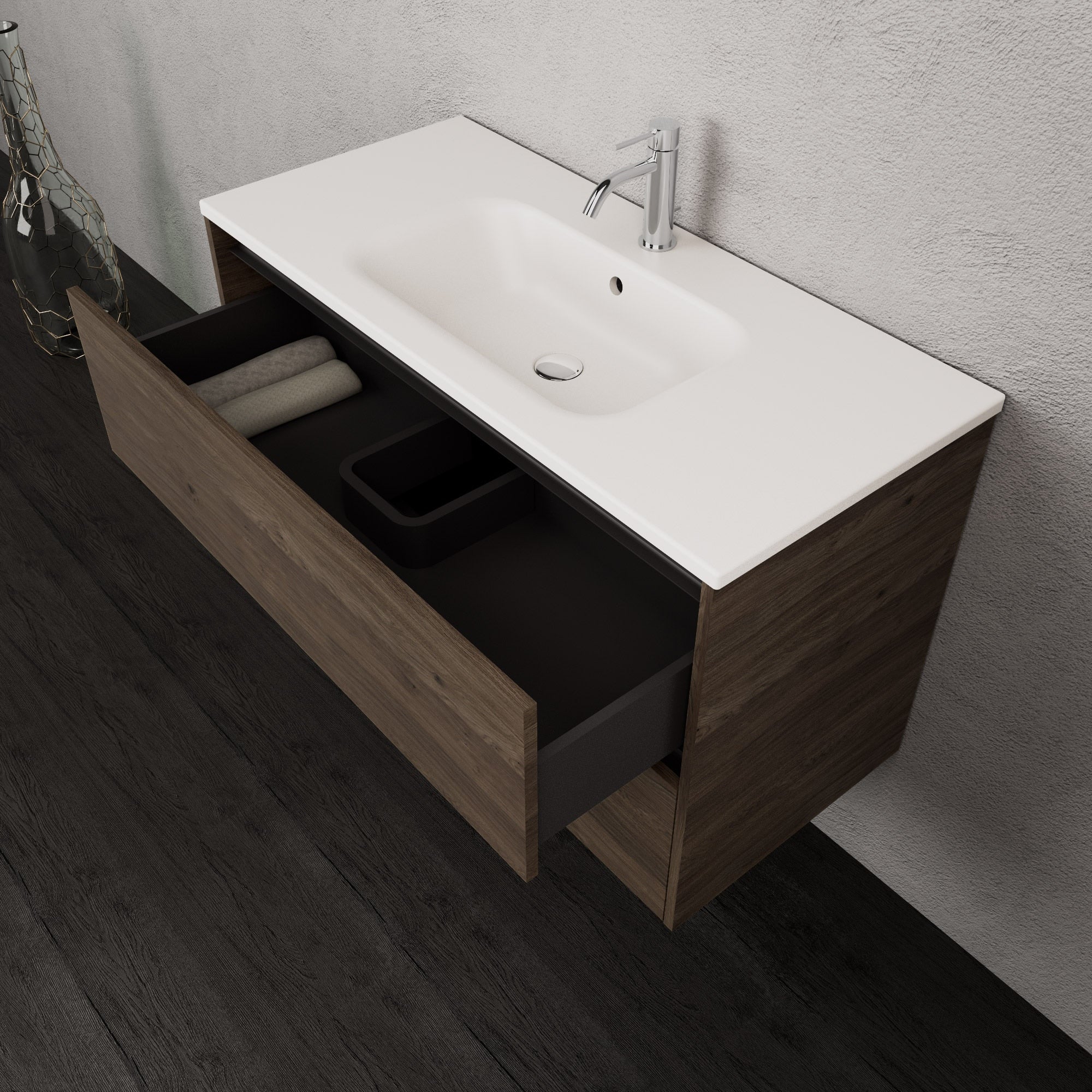 Inda - Mobile bagno L.100 con lavabo opaco / Rovere castano 2 cassetti - Smeraldo