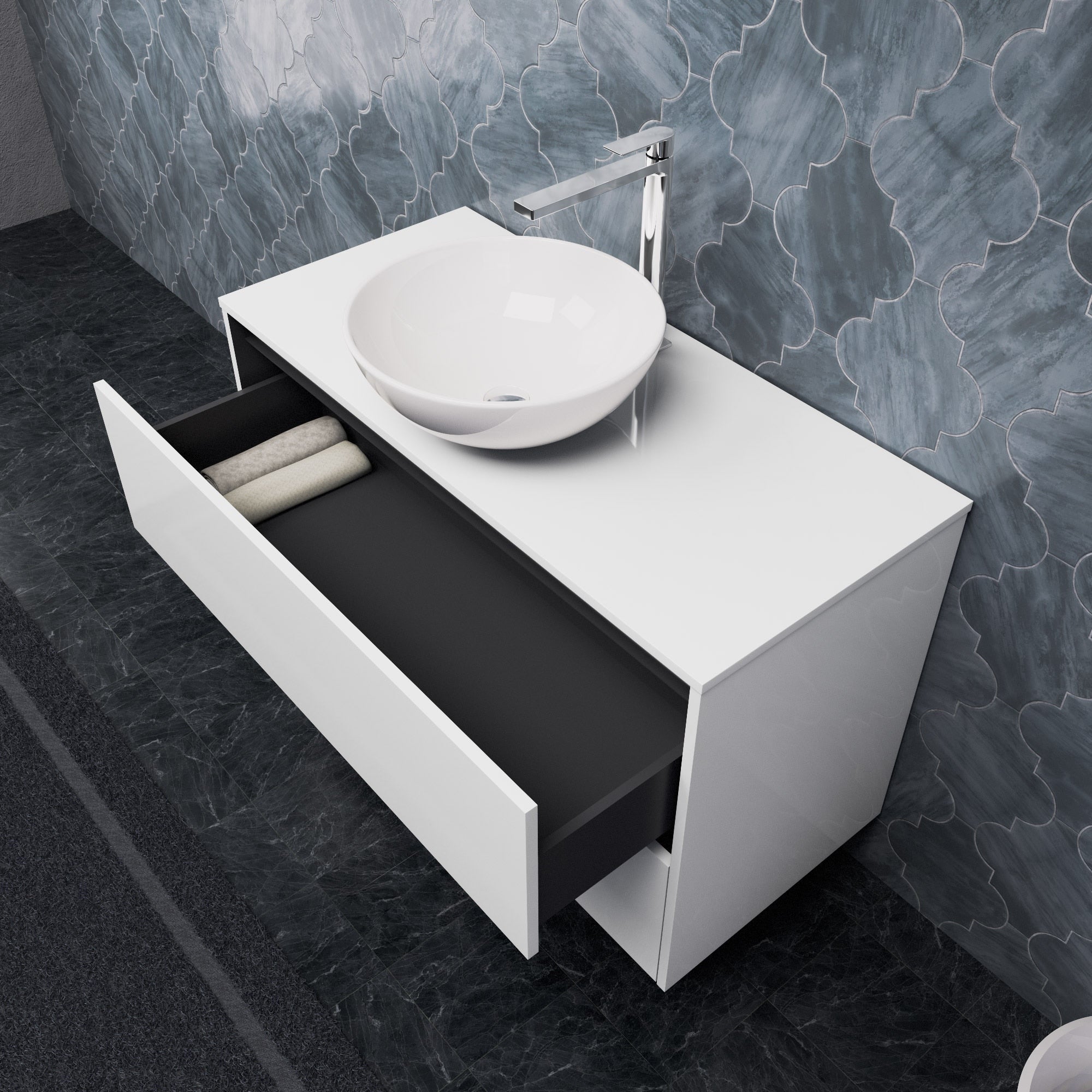 Inda - Mobile bagno L.100 con lavabo in appoggio / Bianco lucido 2 cassetti - Smeraldo