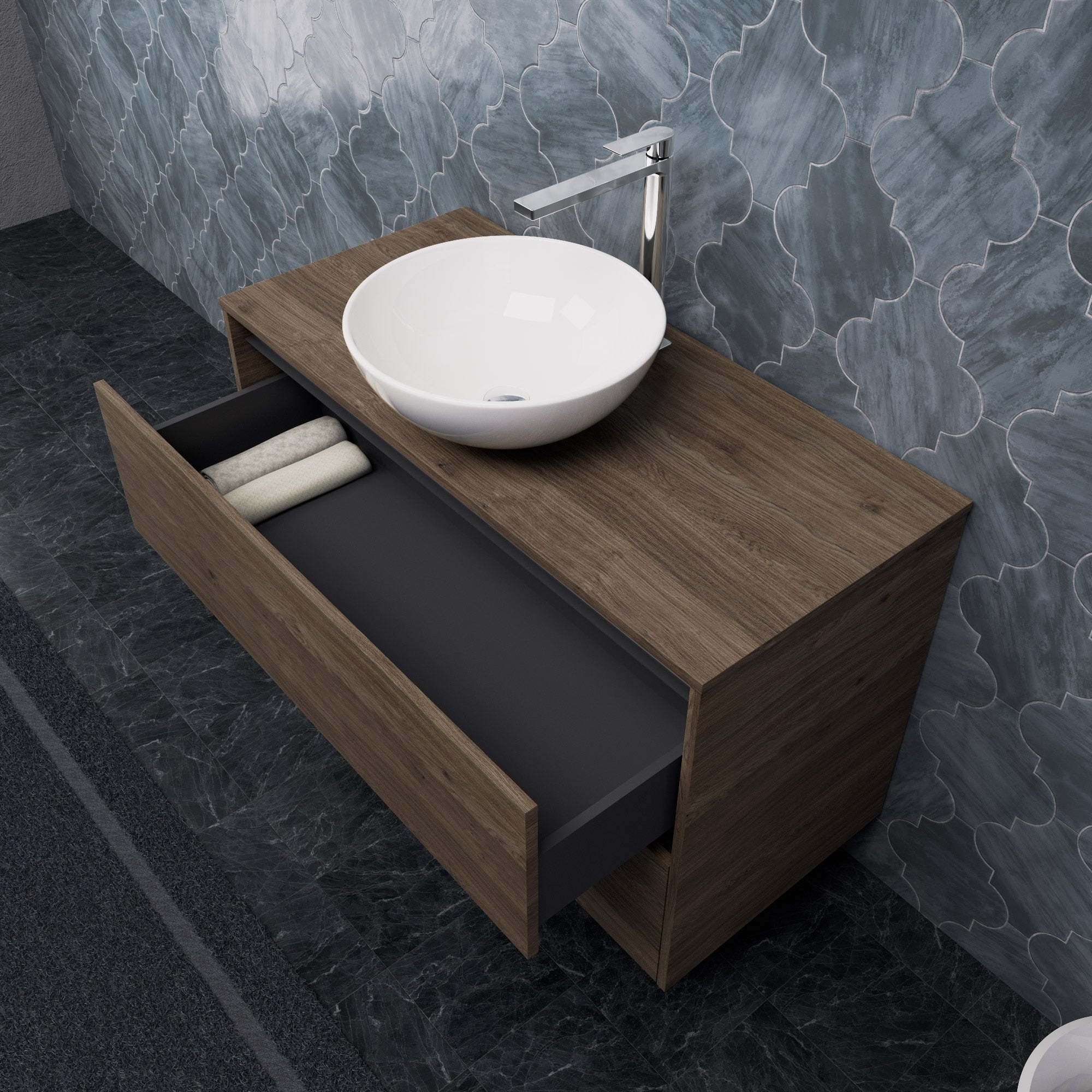 Inda - Mobile bagno L.100 con lavabo in appoggio / Rovere castano 2 cassetti - Smeraldo