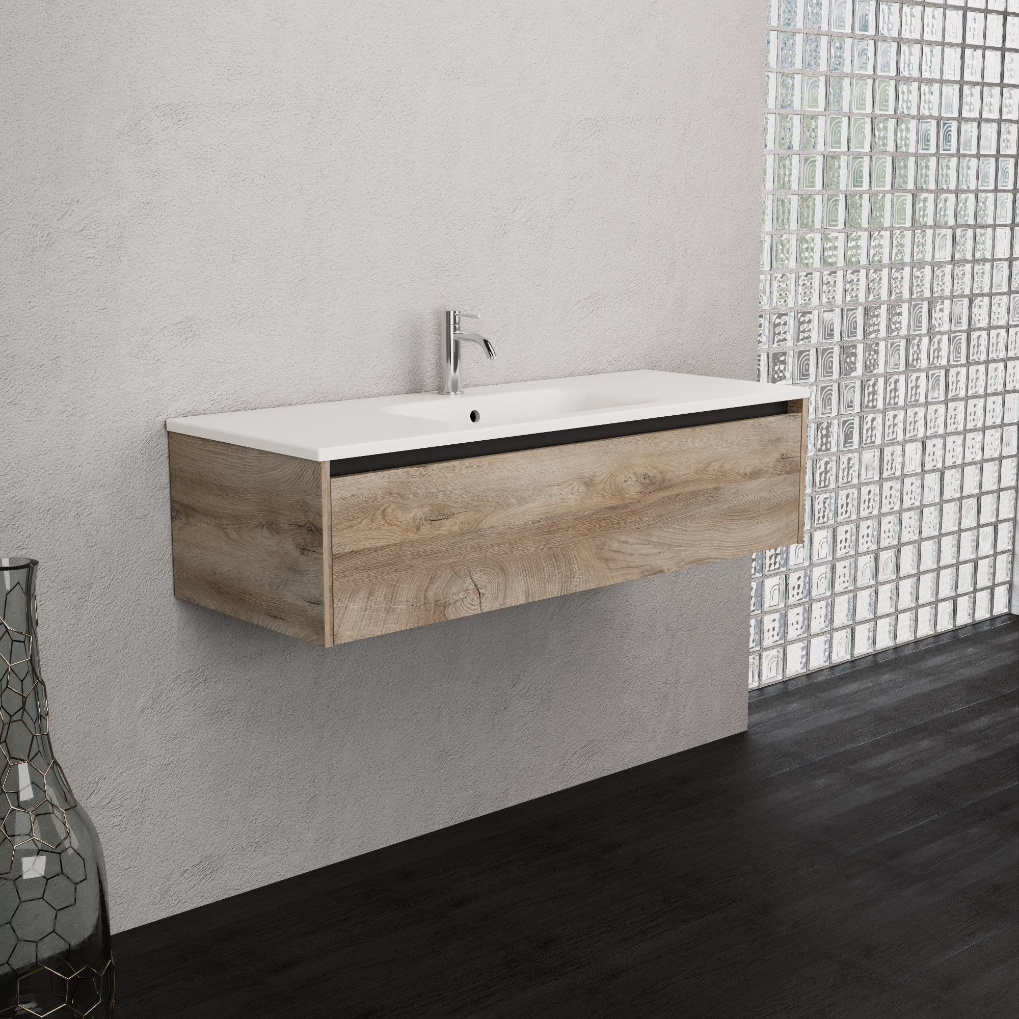 Inda - Mobile bagno L.120 con lavabo opaco / Rovere naturale 1 cassetto - Smeraldo