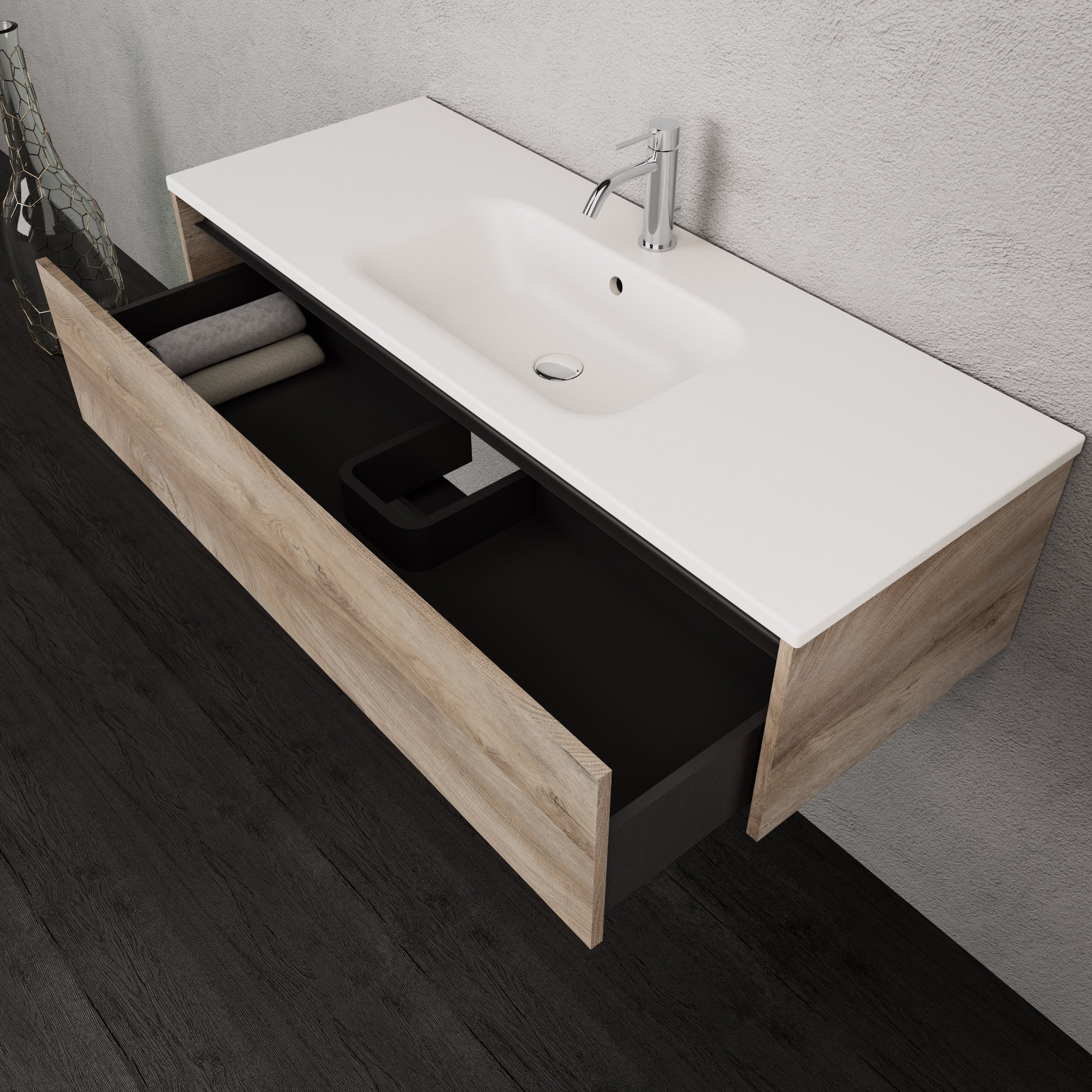 Inda - Mobile bagno L.120 con lavabo opaco / Rovere naturale 1 cassetto - Smeraldo