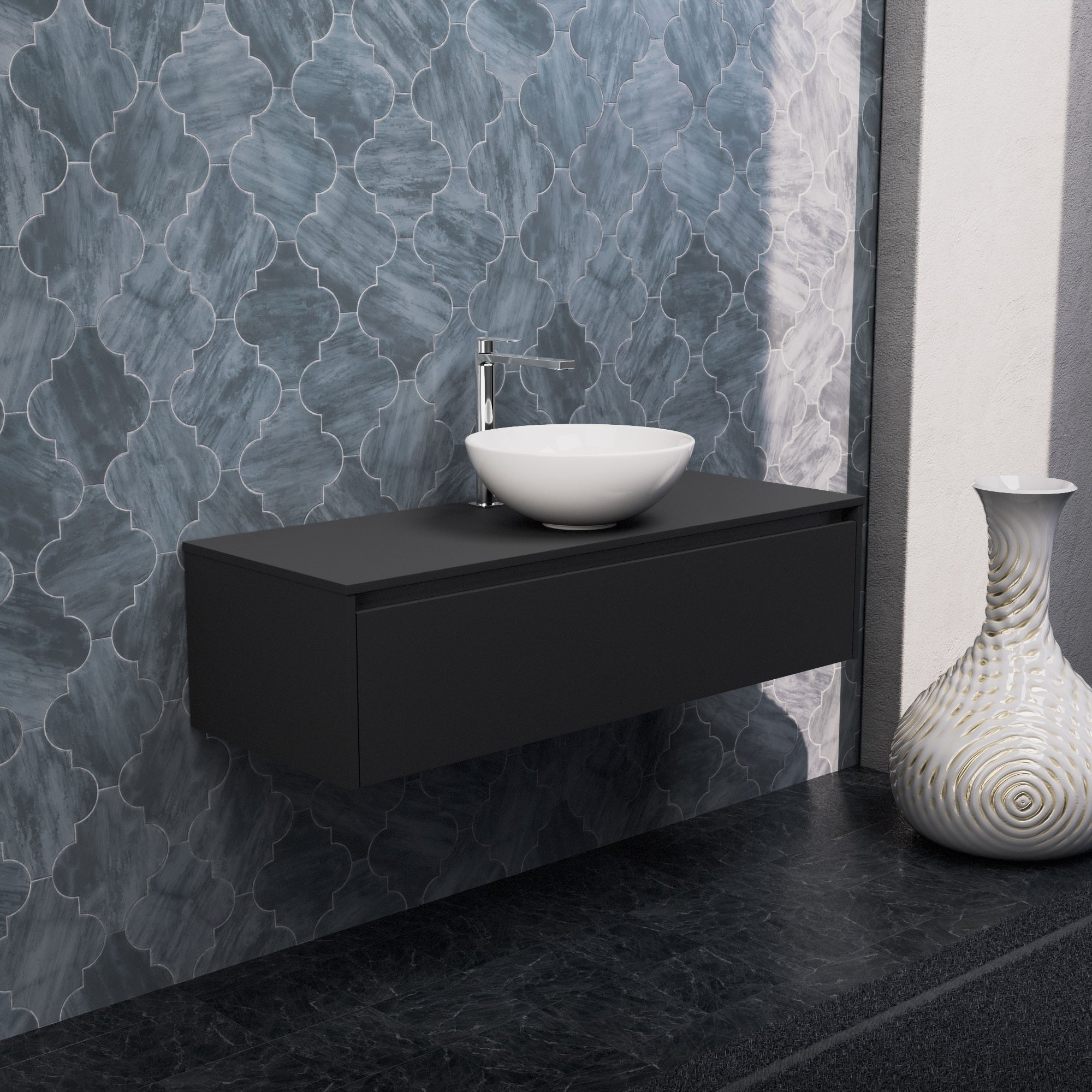 Inda - Mobile bagno L.120 con lavabo in appoggio / Nero opaco 1 cassetto - Smeraldo