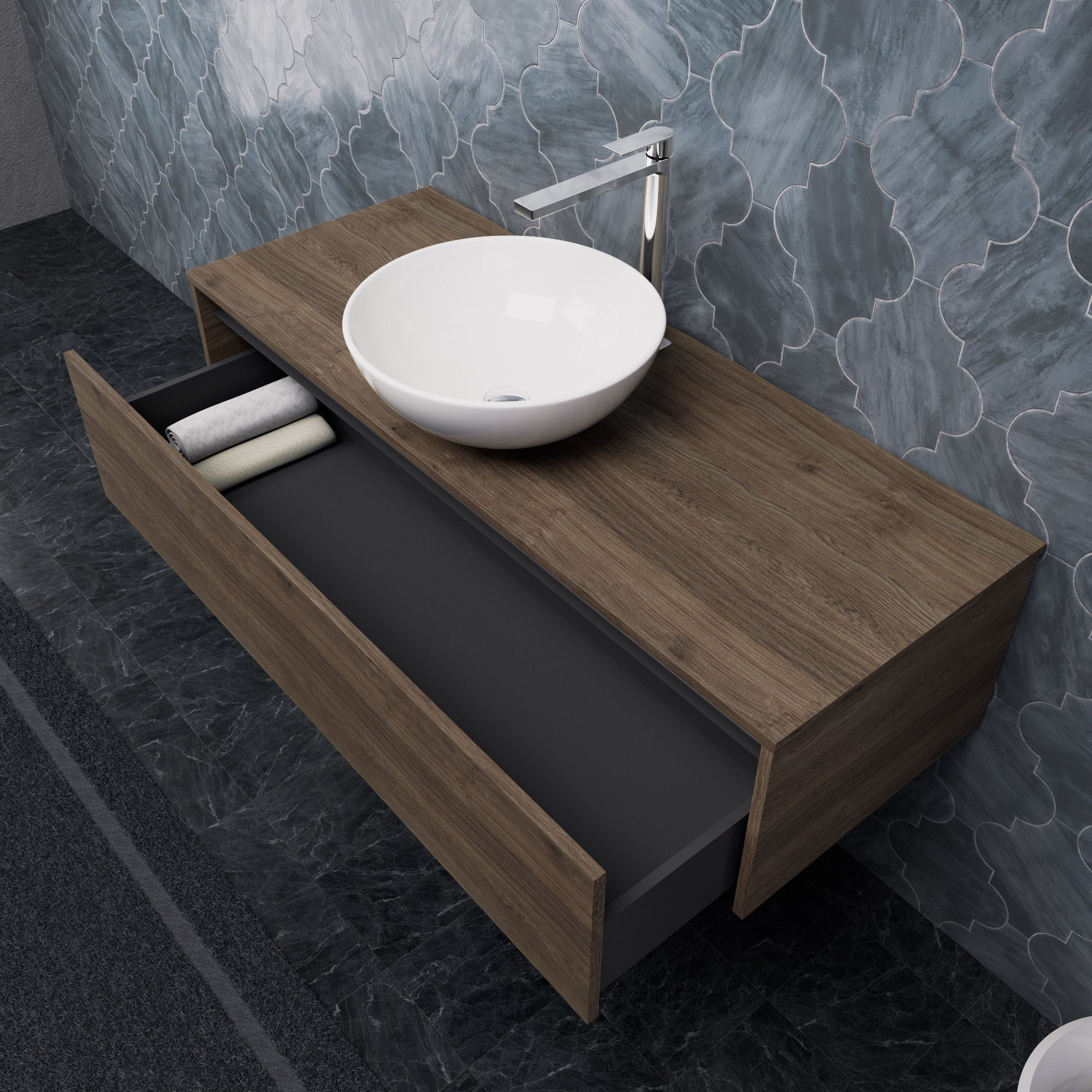 Inda - Mobile bagno L.120 con lavabo in appoggio / Rovere castano 1 cassetto - Smeraldo
