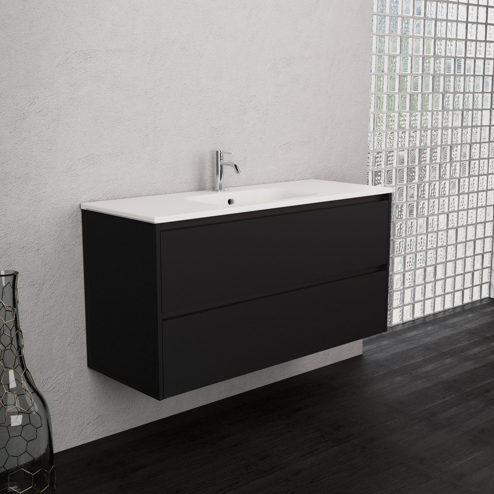 Inda - Mobile bagno L.120 con lavabo opaco / Nero opaco 2 cassetti - Smeraldo