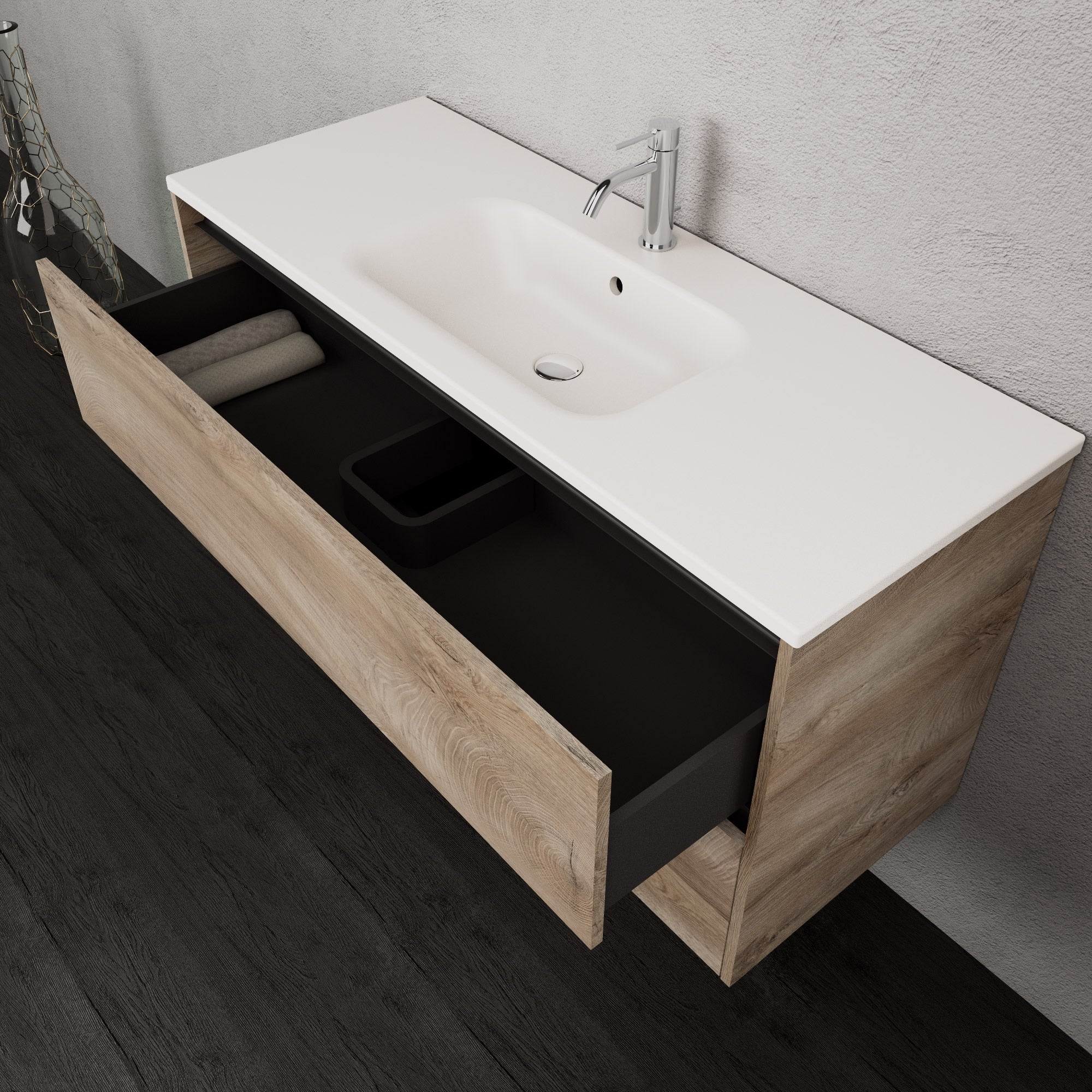 Inda - Mobile bagno L.120 con lavabo opaco / Rovere naturale 2 cassetti - Smeraldo