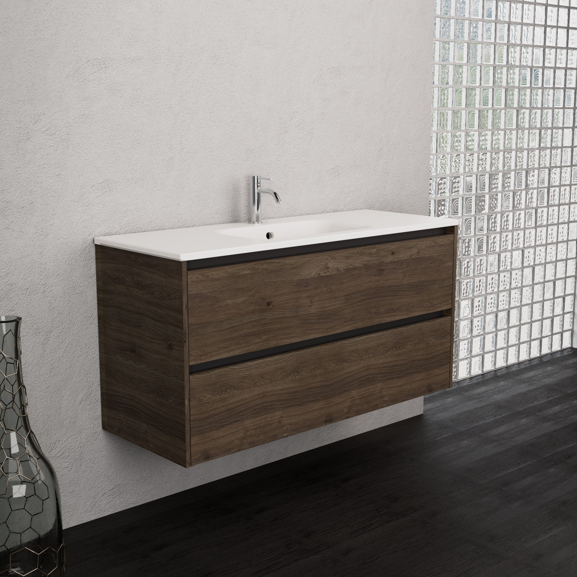 Inda - Mobile bagno L.120 con lavabo opaco / Rovere castano 2 cassetti - Smeraldo