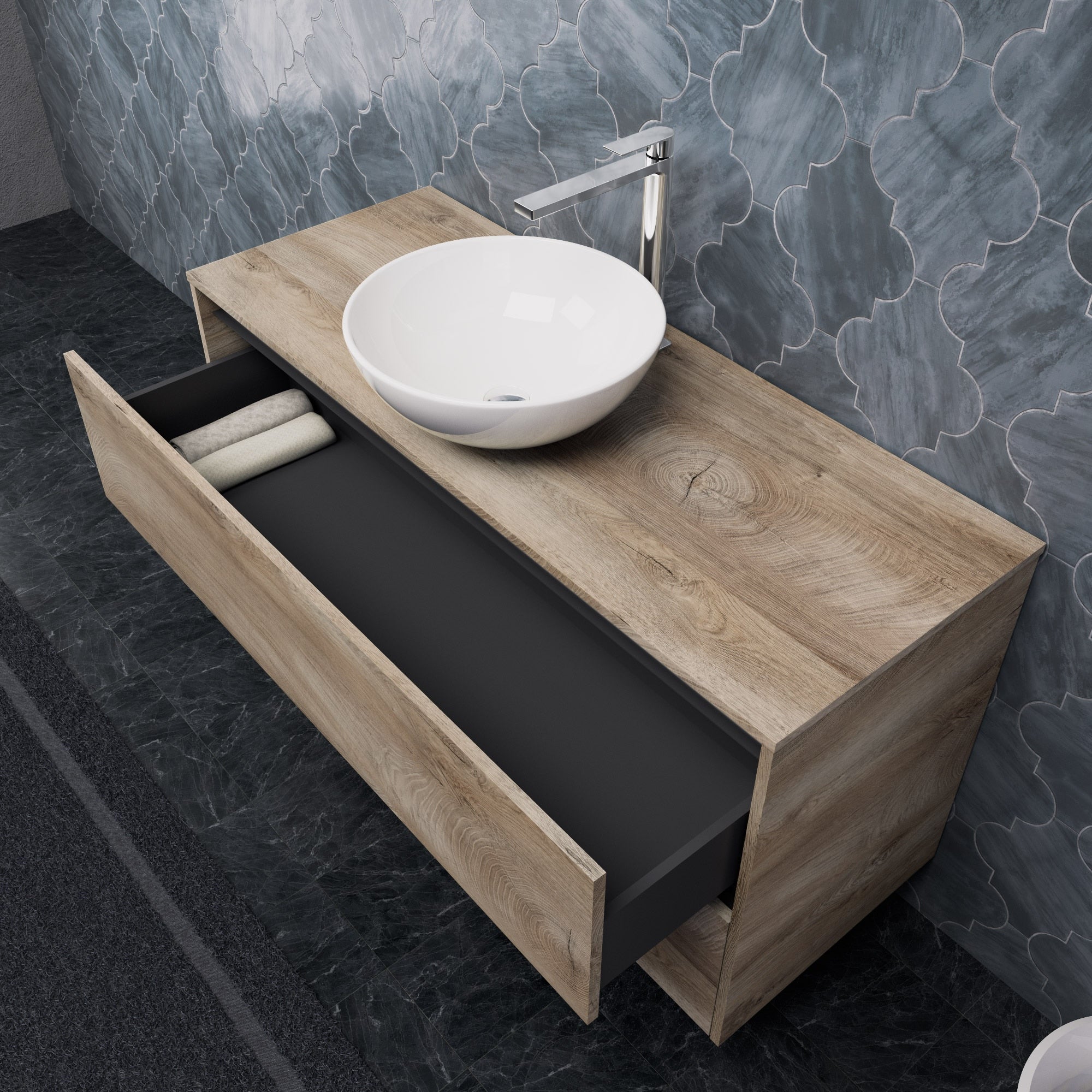 Inda - Mobile bagno L.120 con lavabo in appoggio / Rovere naturale 2 cassetti - Smeraldo