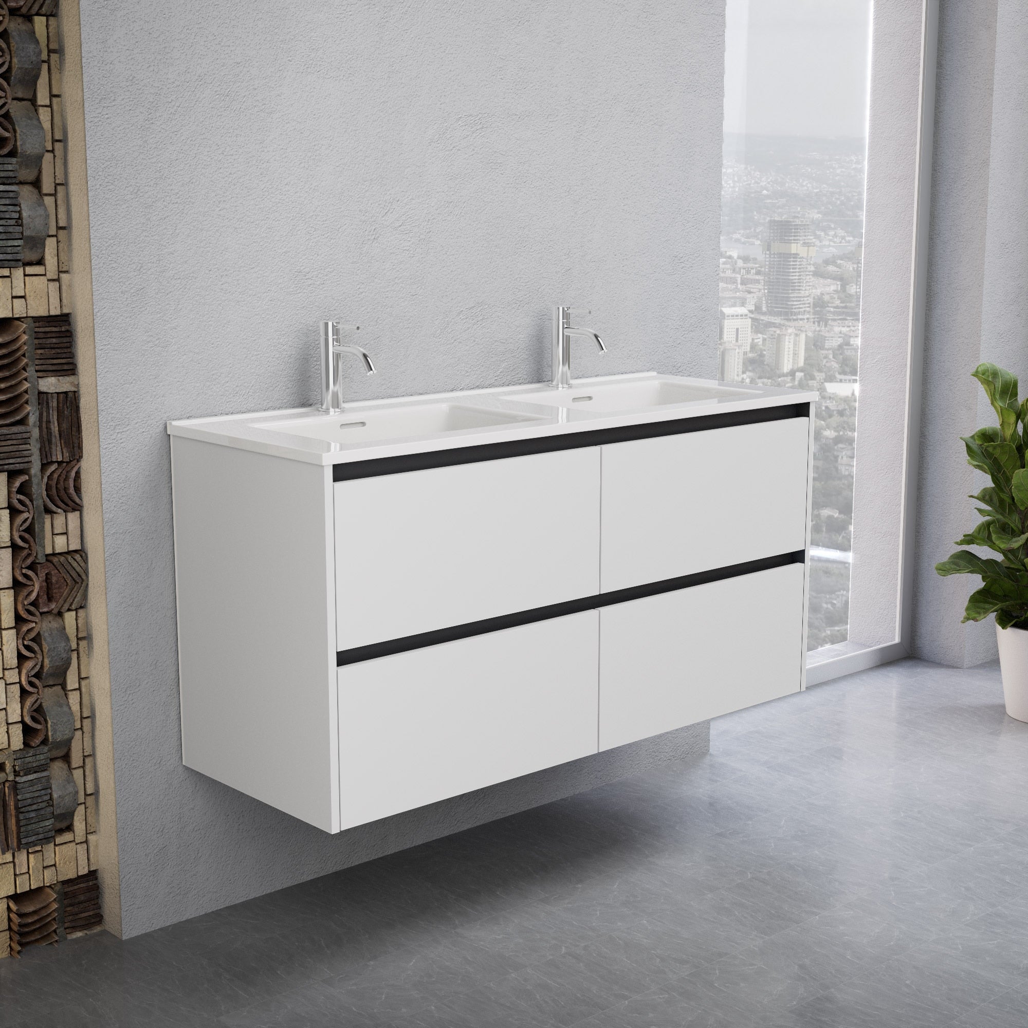 Inda - Mobile bagno L.120 con doppio lavabo lucido / Bianco opaco 4 cassetti - Smeraldo