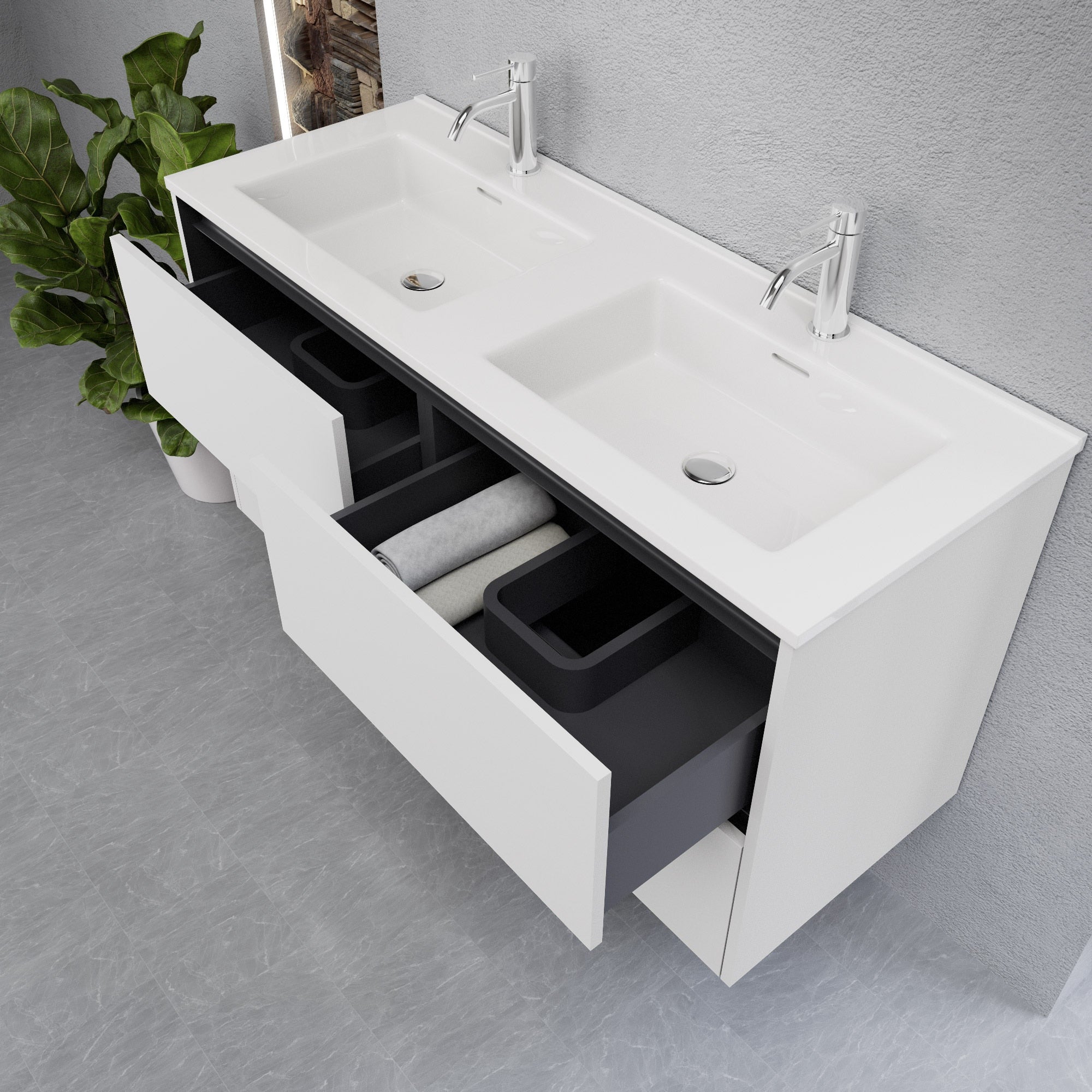 Inda - Mobile bagno L.120 con doppio lavabo lucido / Bianco opaco 4 cassetti - Smeraldo