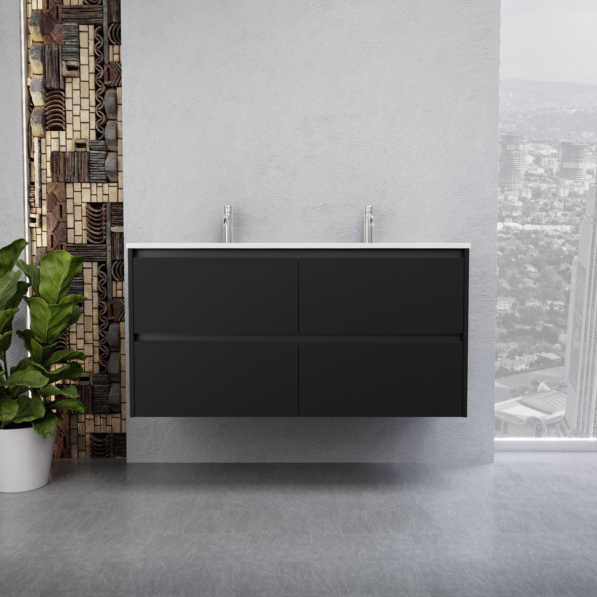 Inda - Mobile bagno L.120 con doppio lavabo lucido / Nero opaco 4 cassetti - Smeraldo