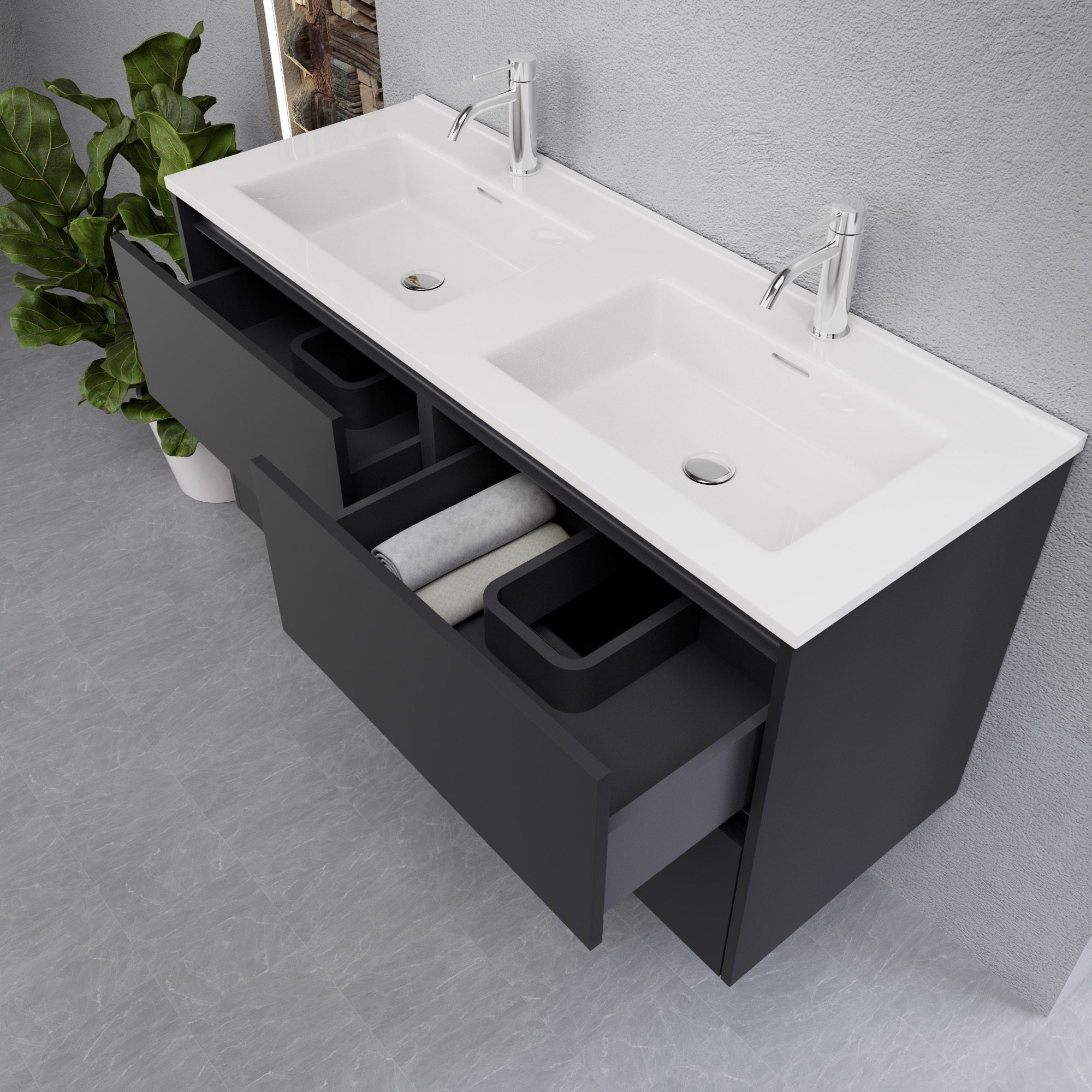 Inda - Mobile bagno L.120 con doppio lavabo lucido / Nero opaco 4 cassetti - Smeraldo