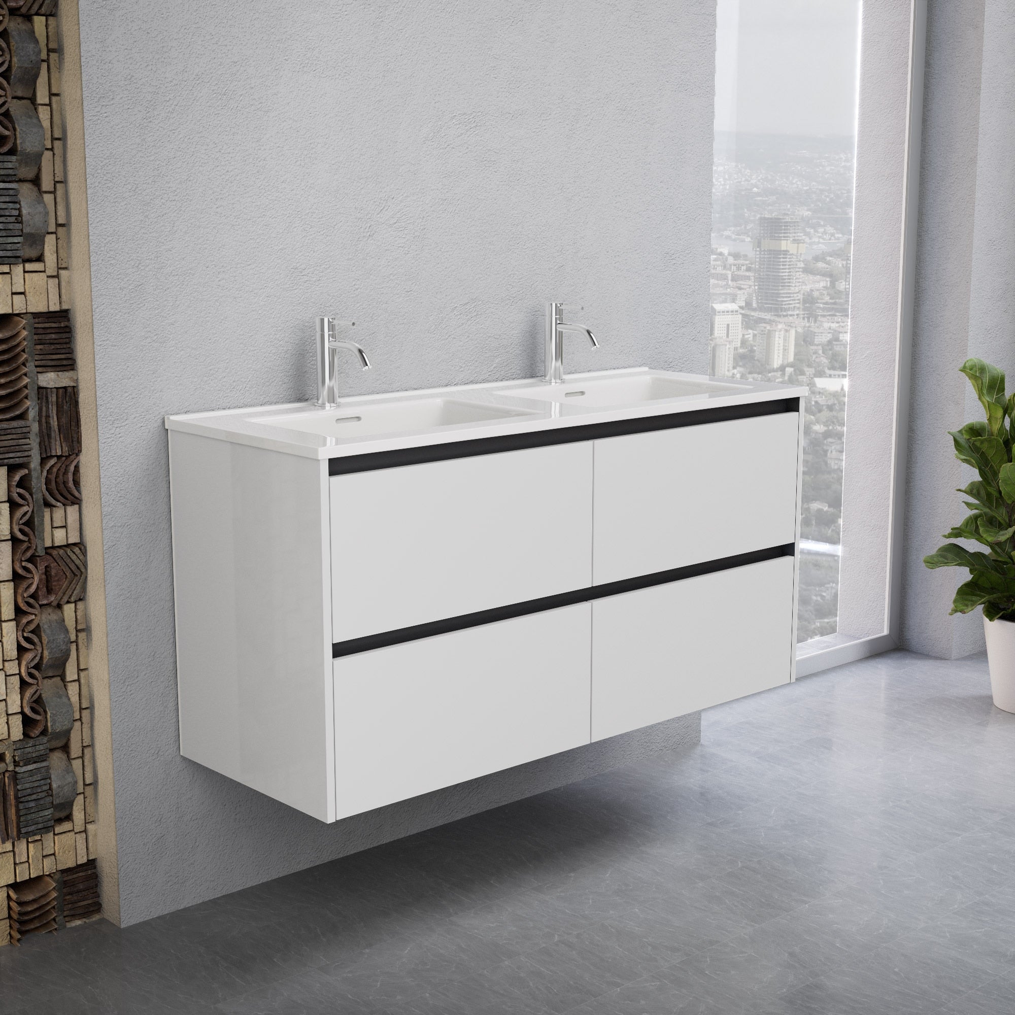 Inda - Mobile bagno L.120 con doppio lavabo lucido / Bianco lucido 4 cassetti - Smeraldo