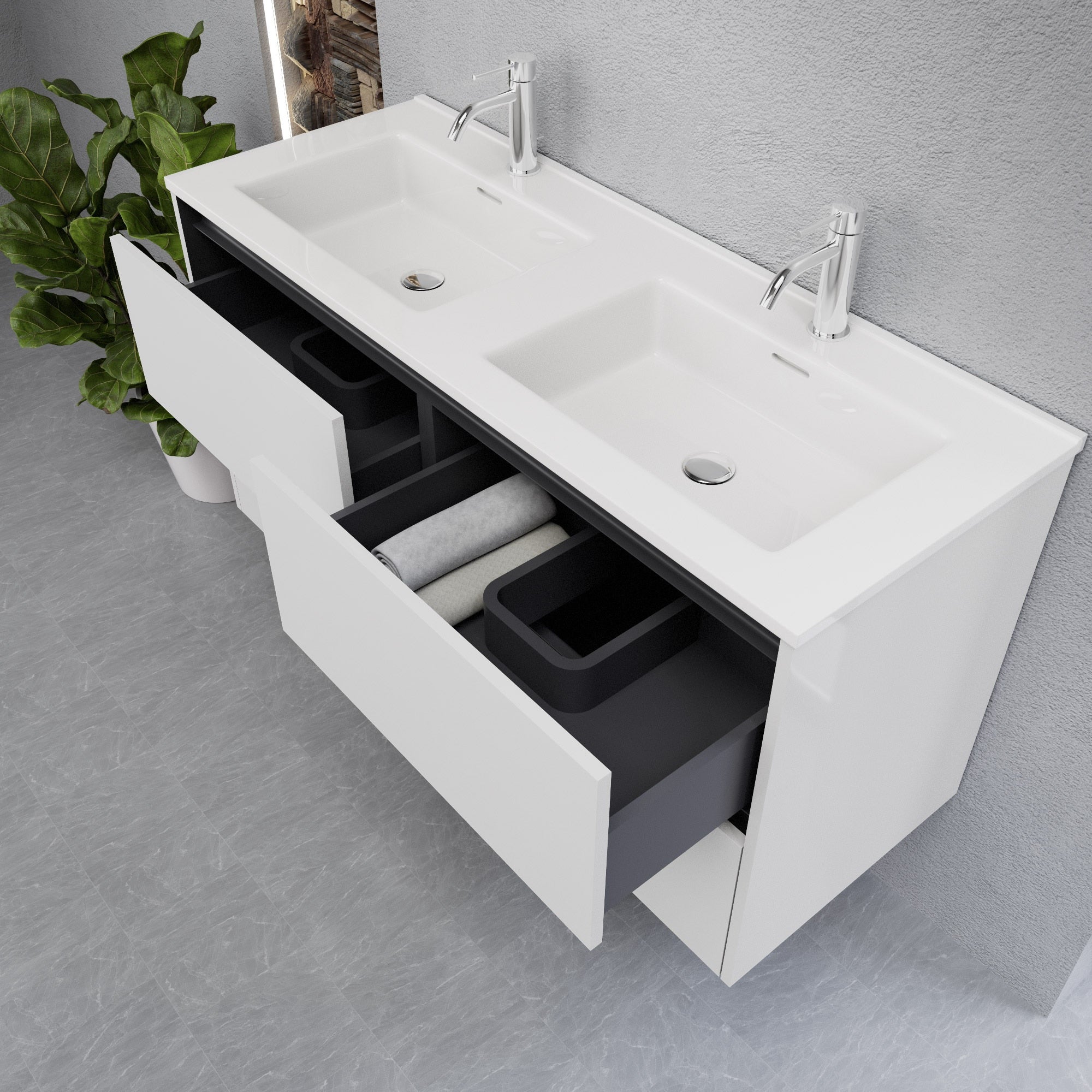 Inda - Mobile bagno L.120 con doppio lavabo lucido / Bianco lucido 4 cassetti - Smeraldo