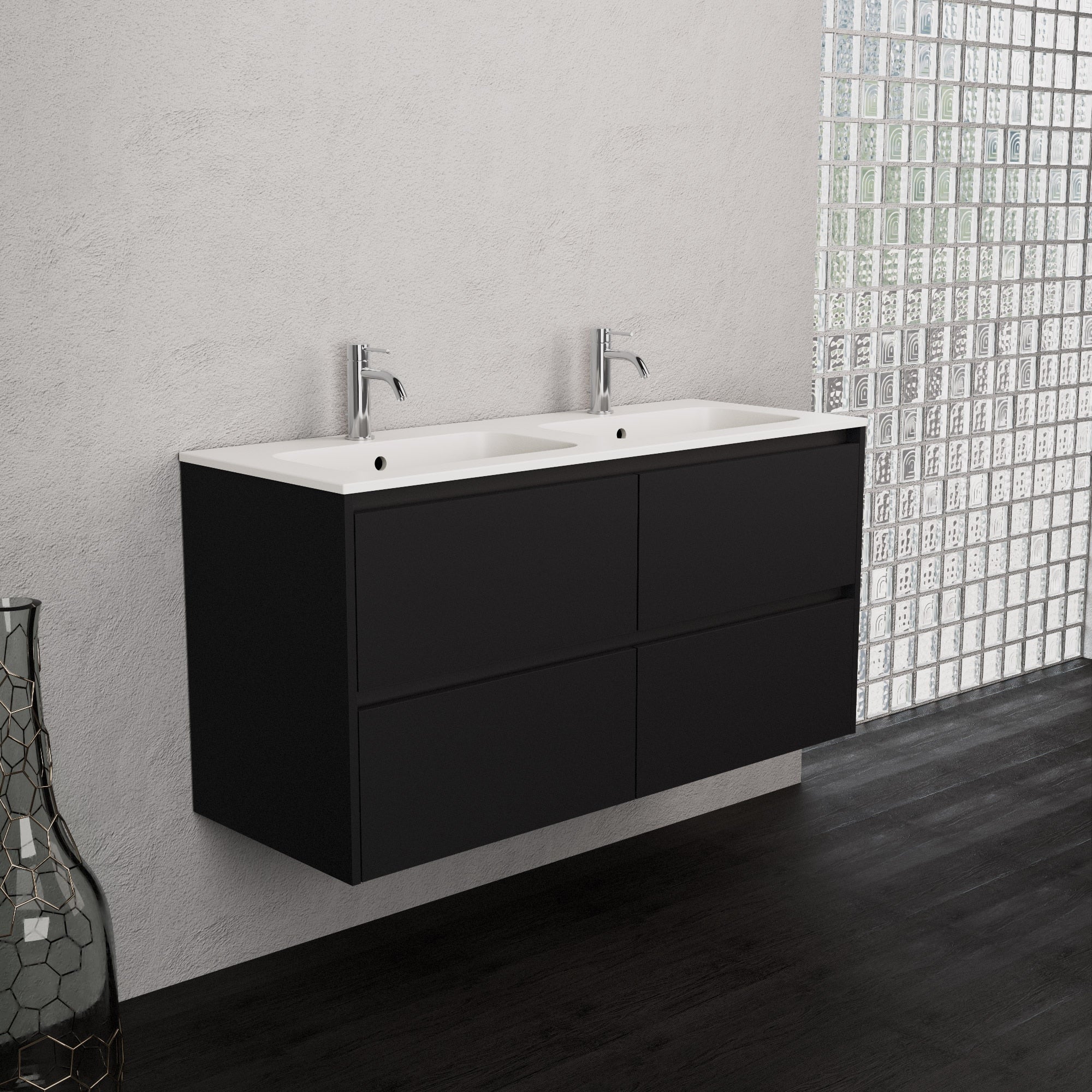 Inda - Mobile bagno L.120 con doppio lavabo opaco / Nero opaco 4 cassetti - Smeraldo