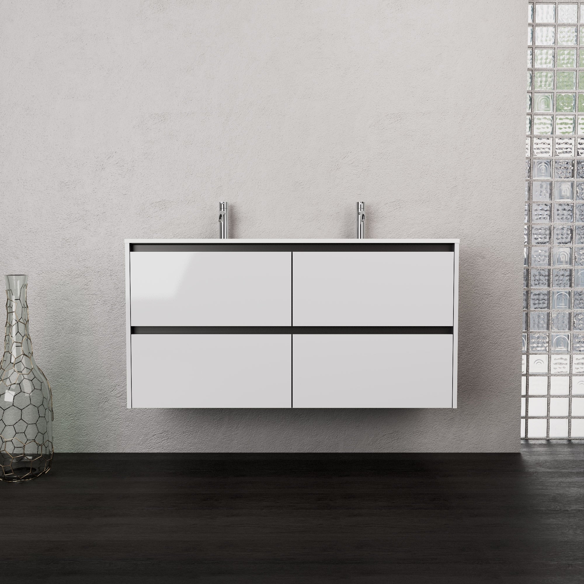 Inda - Mobile bagno L.120 con doppio lavabo opaco / Bianco lucido 4 cassetti - Smeraldo