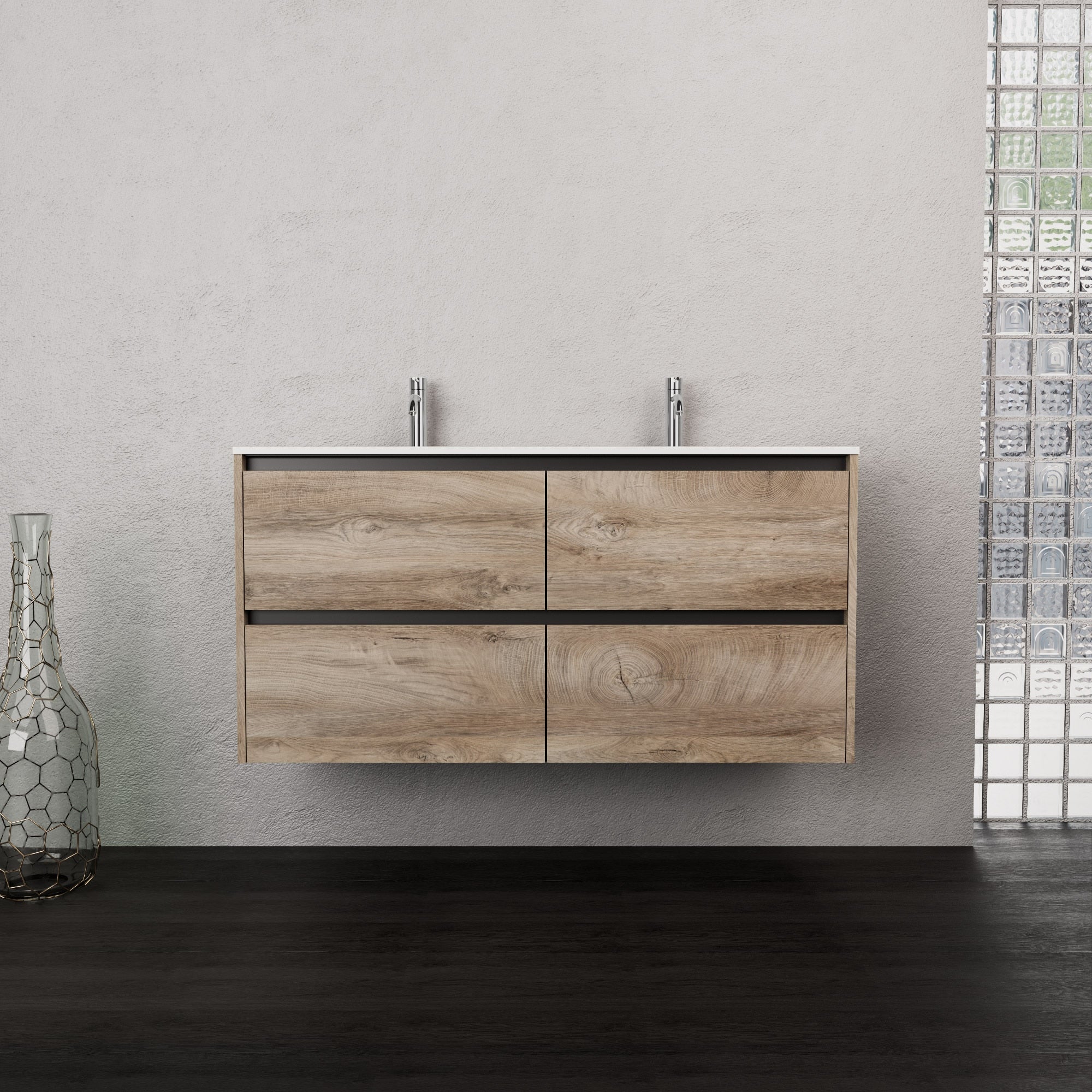 Inda - Mobile bagno L.120 con doppio lavabo opaco / Rovere naturale 4 cassetti - Smeraldo