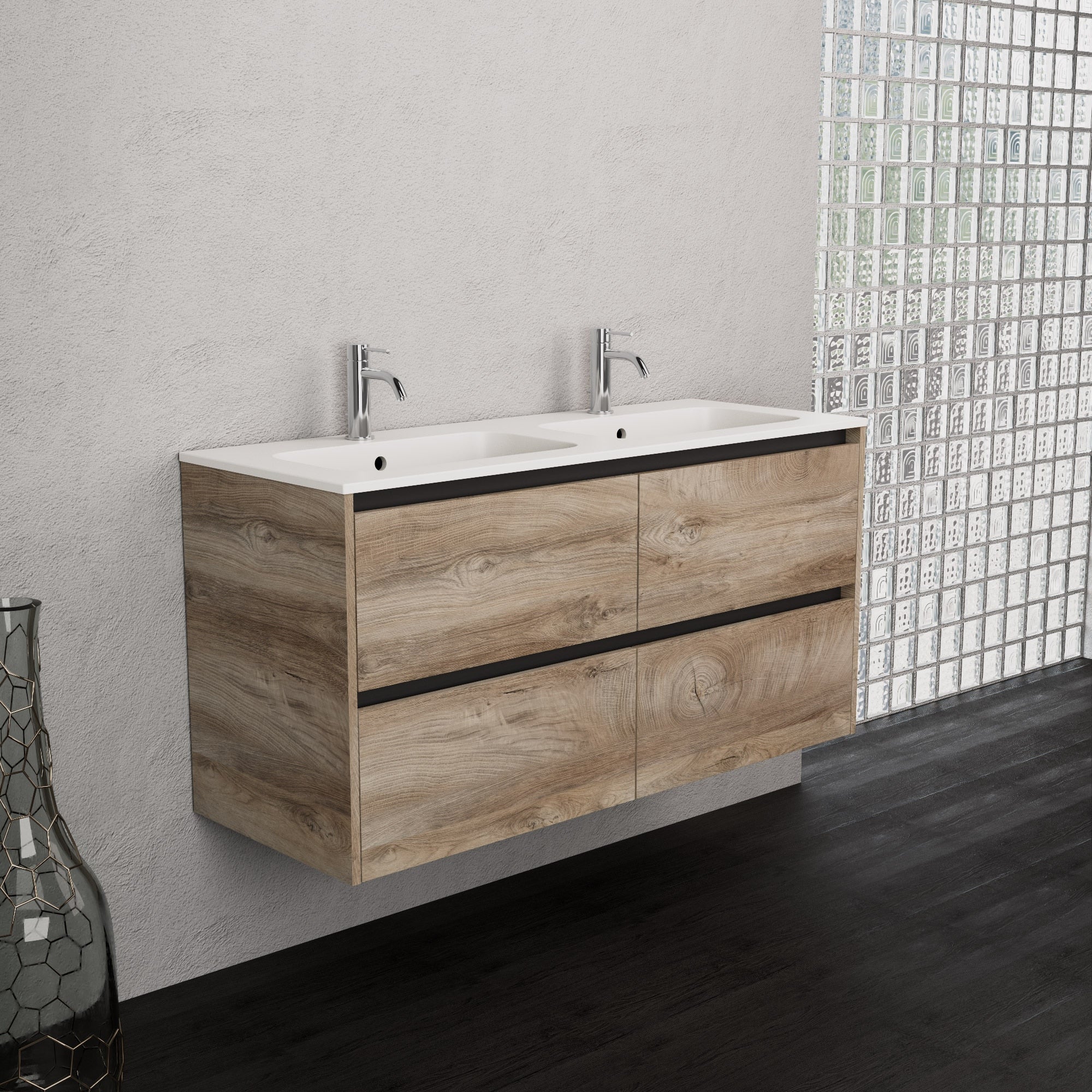 Inda - Mobile bagno L.120 con doppio lavabo opaco / Rovere naturale 4 cassetti - Smeraldo