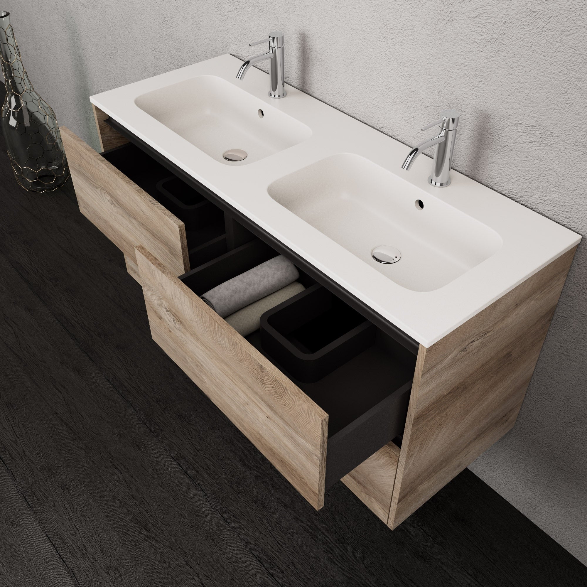 Inda - Mobile bagno L.120 con doppio lavabo opaco / Rovere naturale 4 cassetti - Smeraldo