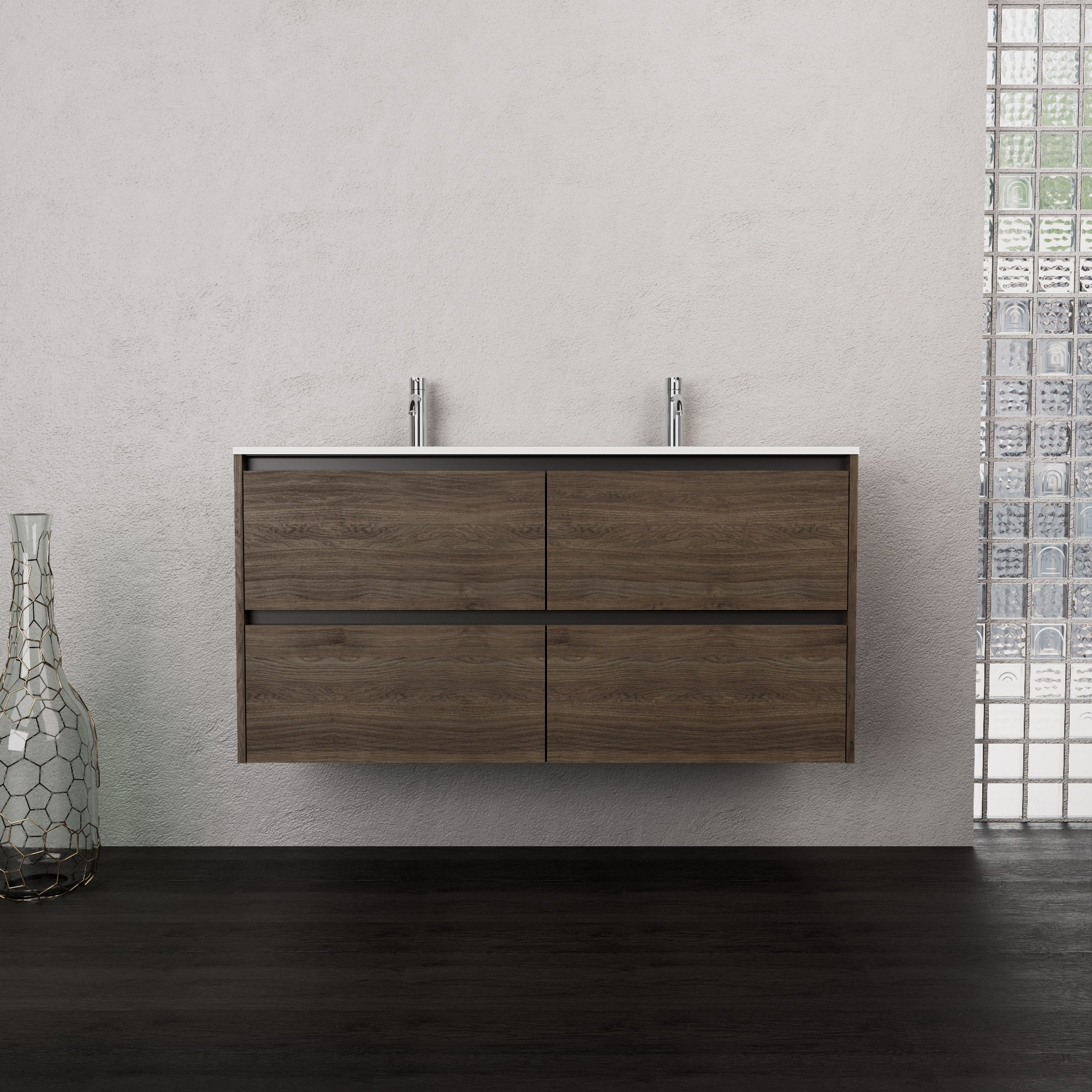 Inda - Mobile bagno L.120 con doppio lavabo opaco / Rovere castano 4 cassetti - Smeraldo