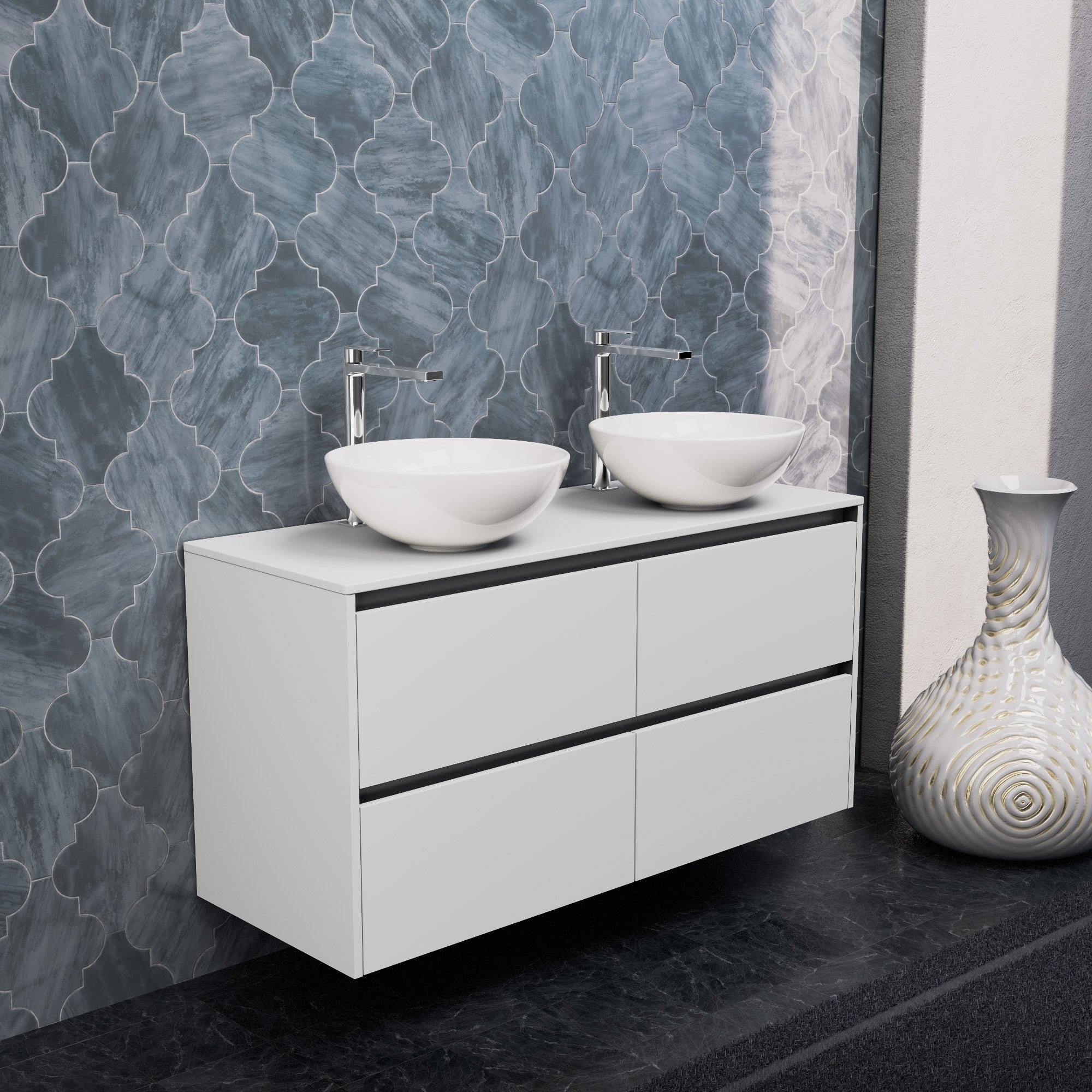 Inda - Mobile bagno L.120 con doppio lavabo in appoggio / Bianco opaco 4 cassetti - Smeraldo