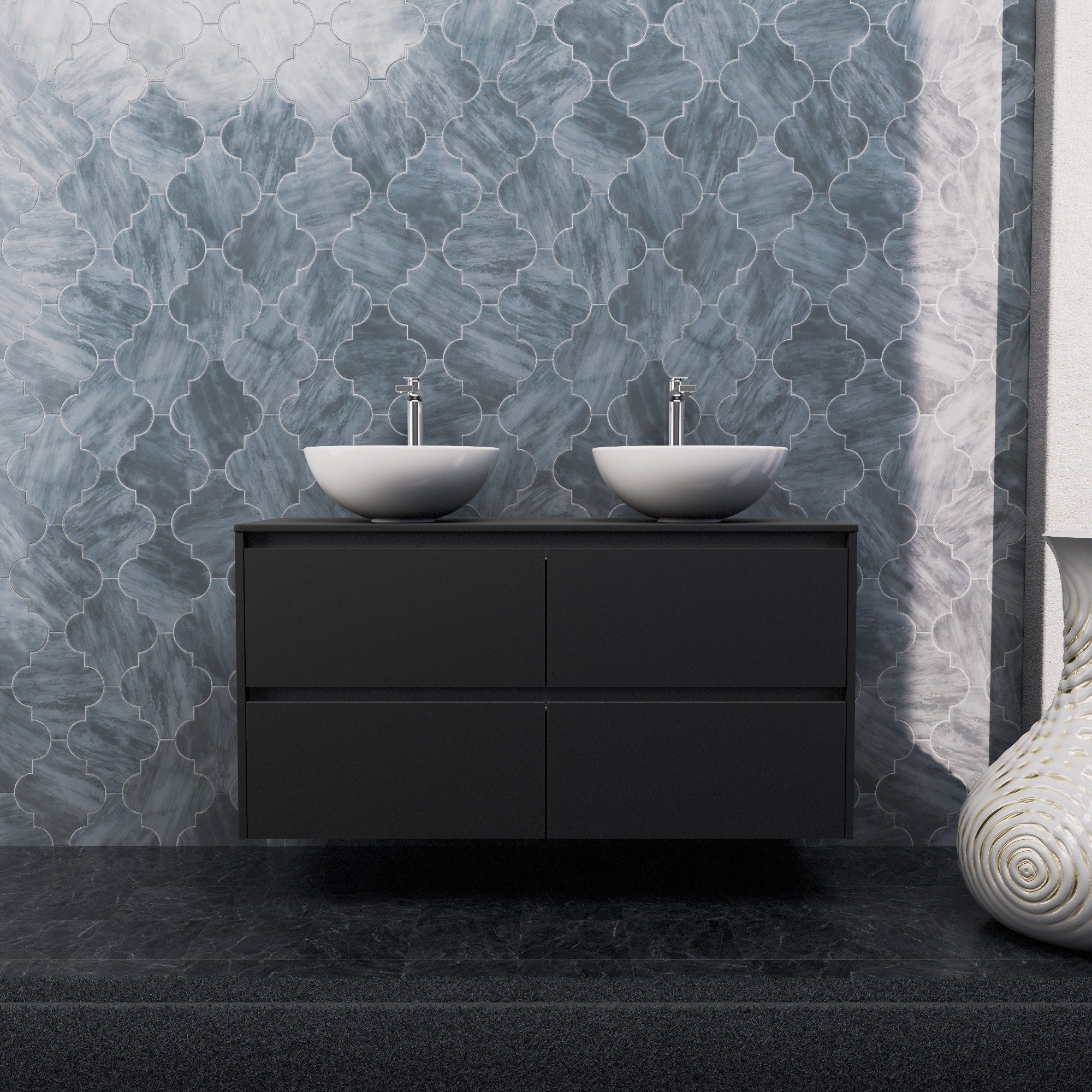 Inda - Mobile bagno L.120 con doppio lavabo in appoggio / Nero opaco 4 cassetti - Smeraldo