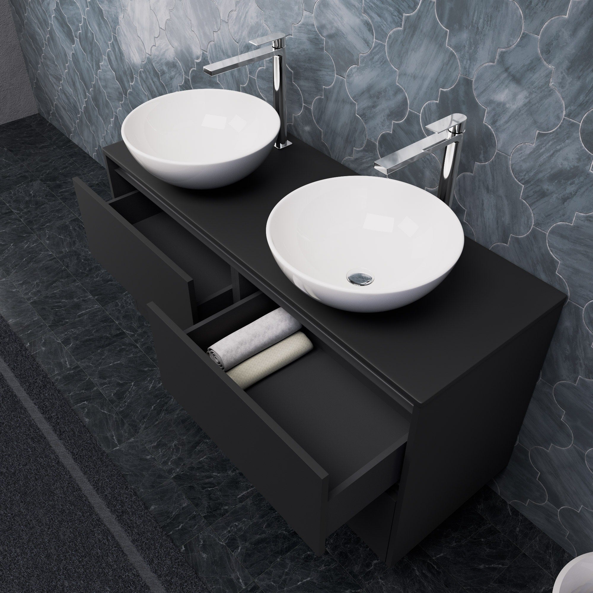 Inda - Mobile bagno L.120 con doppio lavabo in appoggio / Nero opaco 4 cassetti - Smeraldo