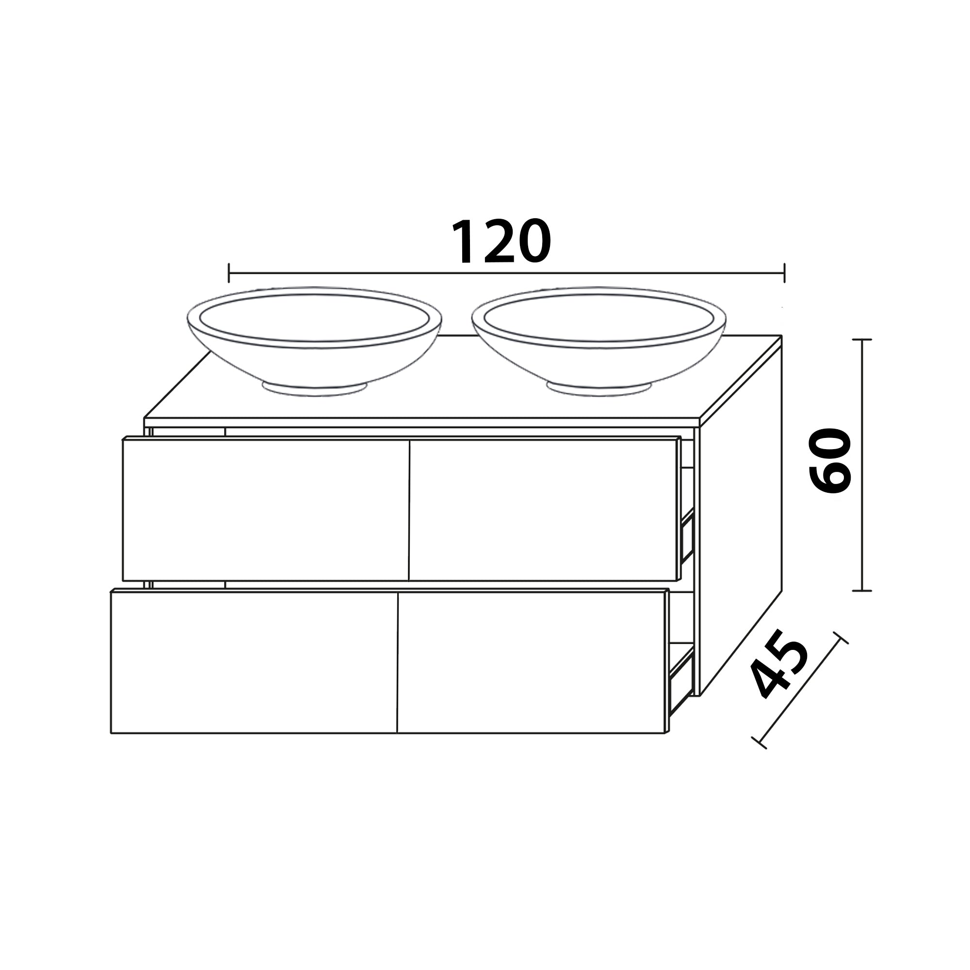 Inda - Mobile bagno L.120 con doppio lavabo in appoggio / Bianco lucido 4 cassetti - Smeraldo