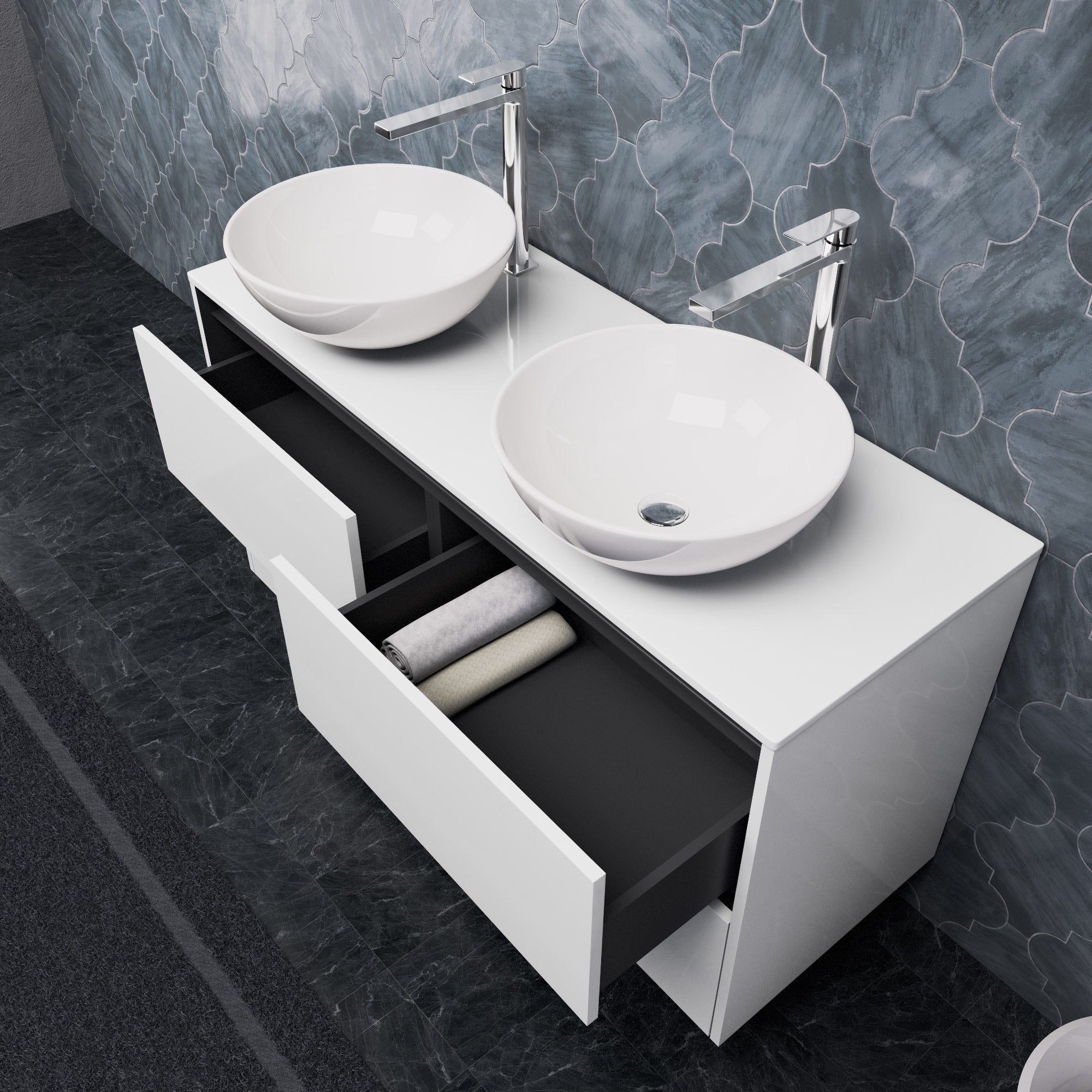 Inda - Mobile bagno L.120 con doppio lavabo in appoggio / Bianco lucido 4 cassetti - Smeraldo