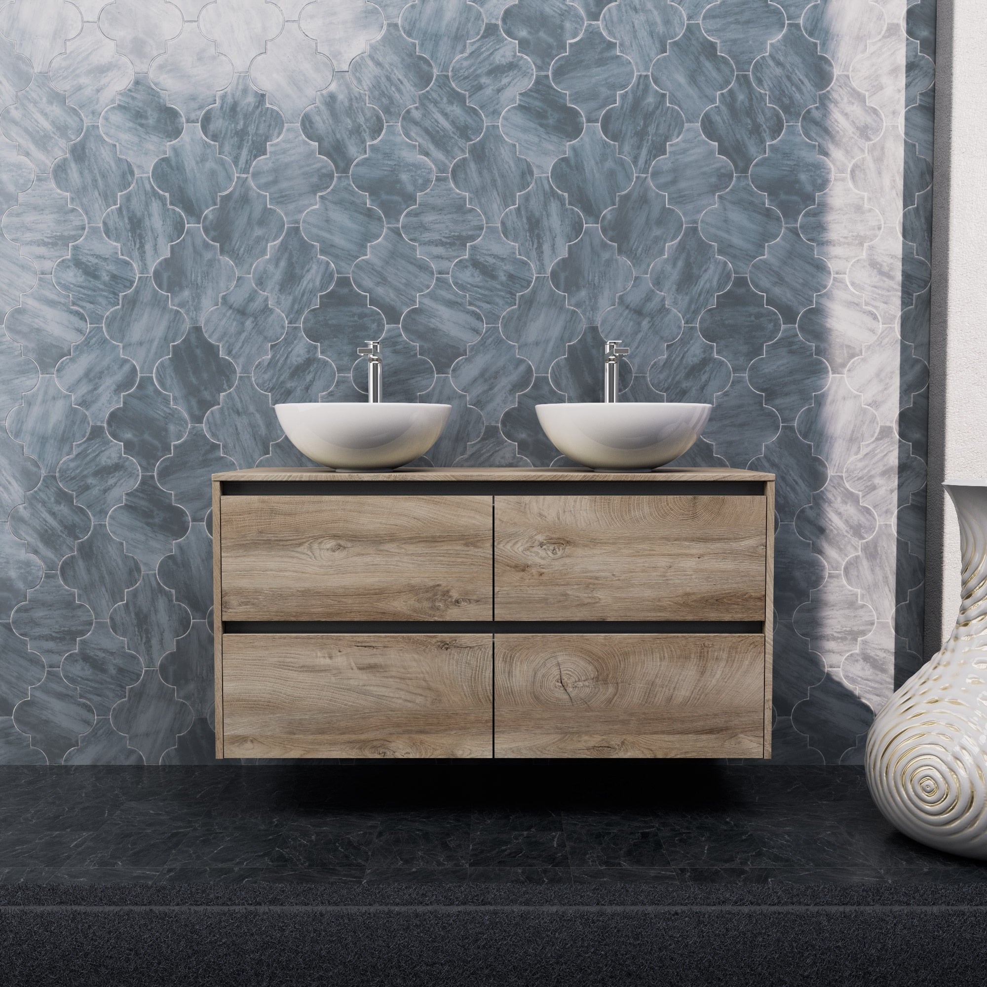 Inda - Mobile bagno L.120 con doppio lavabo in appoggio / Rovere naturale 4 cassetti - Smeraldo