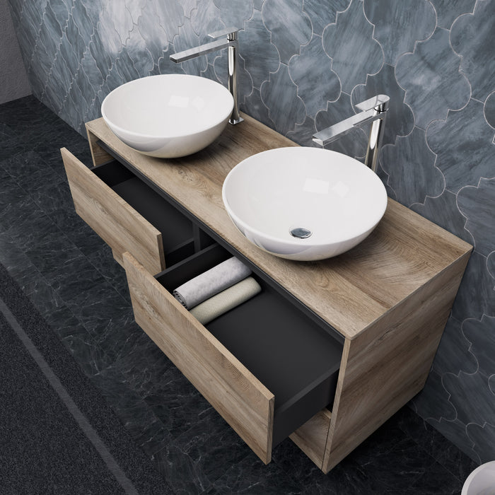 Inda - Mobile bagno L.120 con doppio lavabo in appoggio / Rovere naturale 4 cassetti - Smeraldo