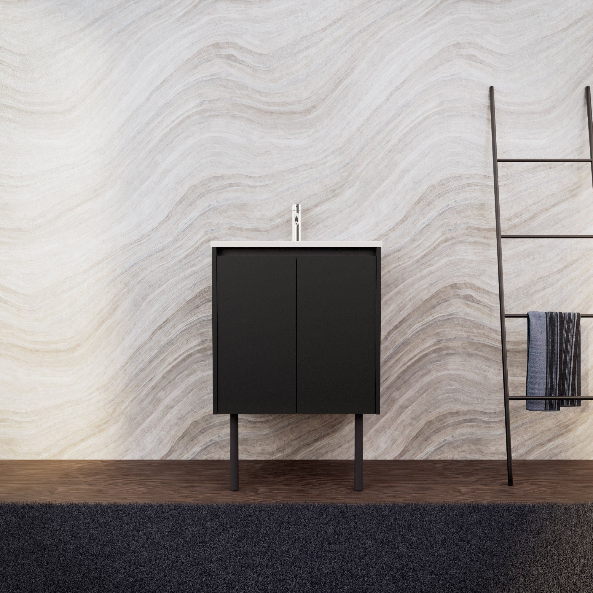 Inda - Mobile bagno L.60 con lavabo opaco / Nero opaco 2 ante - Zaffiro