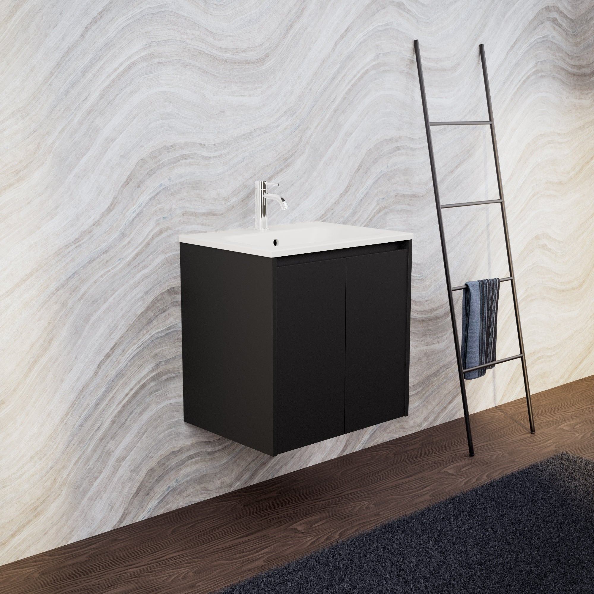 Inda - Mobile bagno L.60 con lavabo opaco / Nero opaco 2 ante - Zaffiro