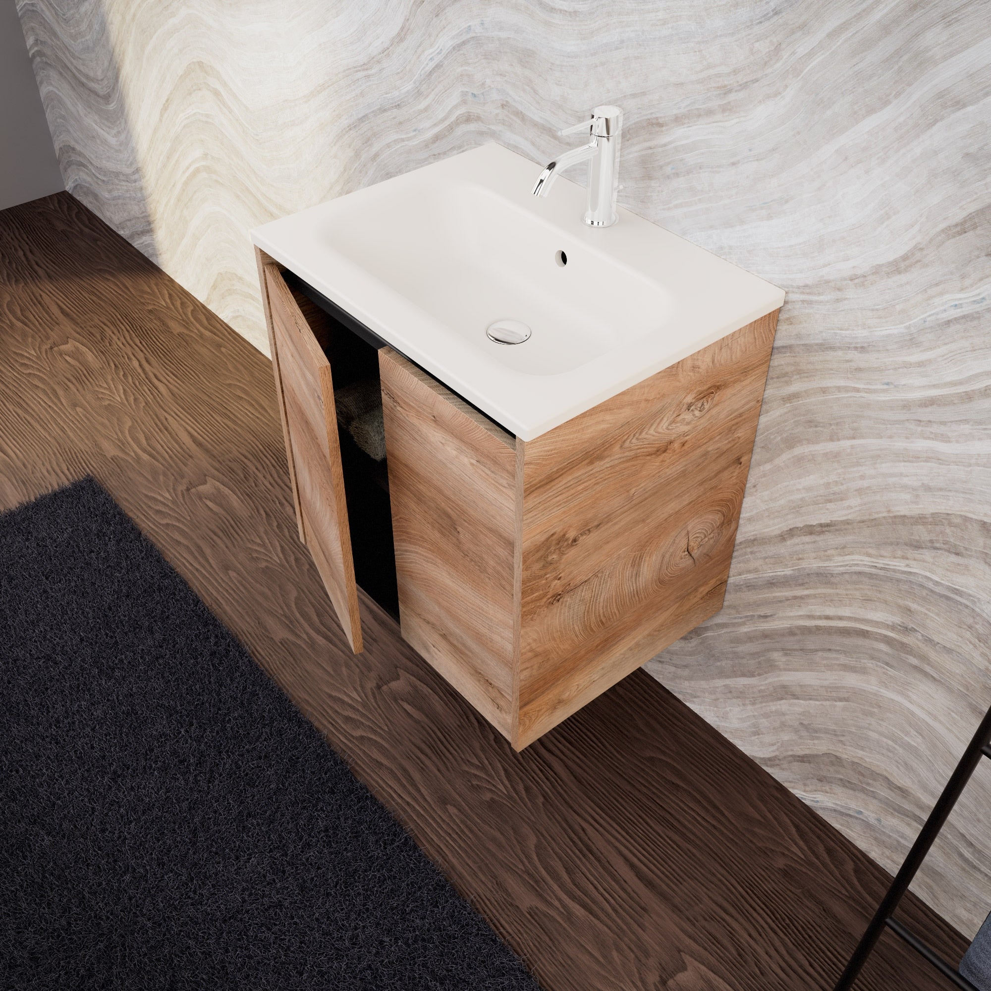 Inda - Mobile bagno L.60 con lavabo opaco / Rovere naturale 2 ante - Zaffiro