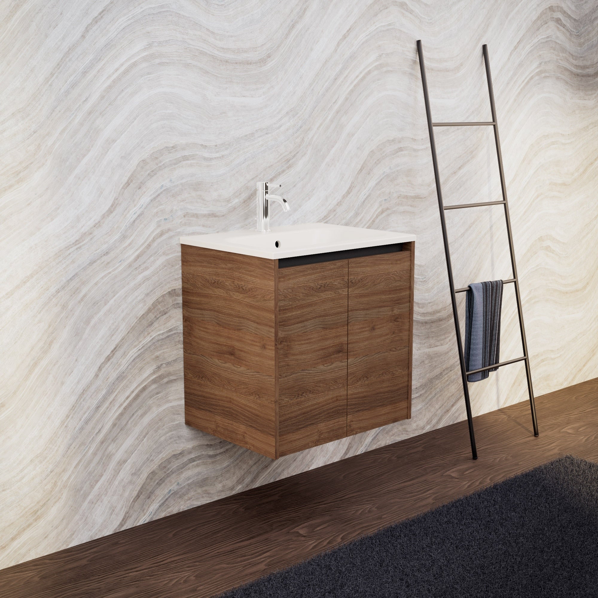Inda - Mobile bagno L.60 con lavabo opaco / Rovere castano 2 ante - Zaffiro