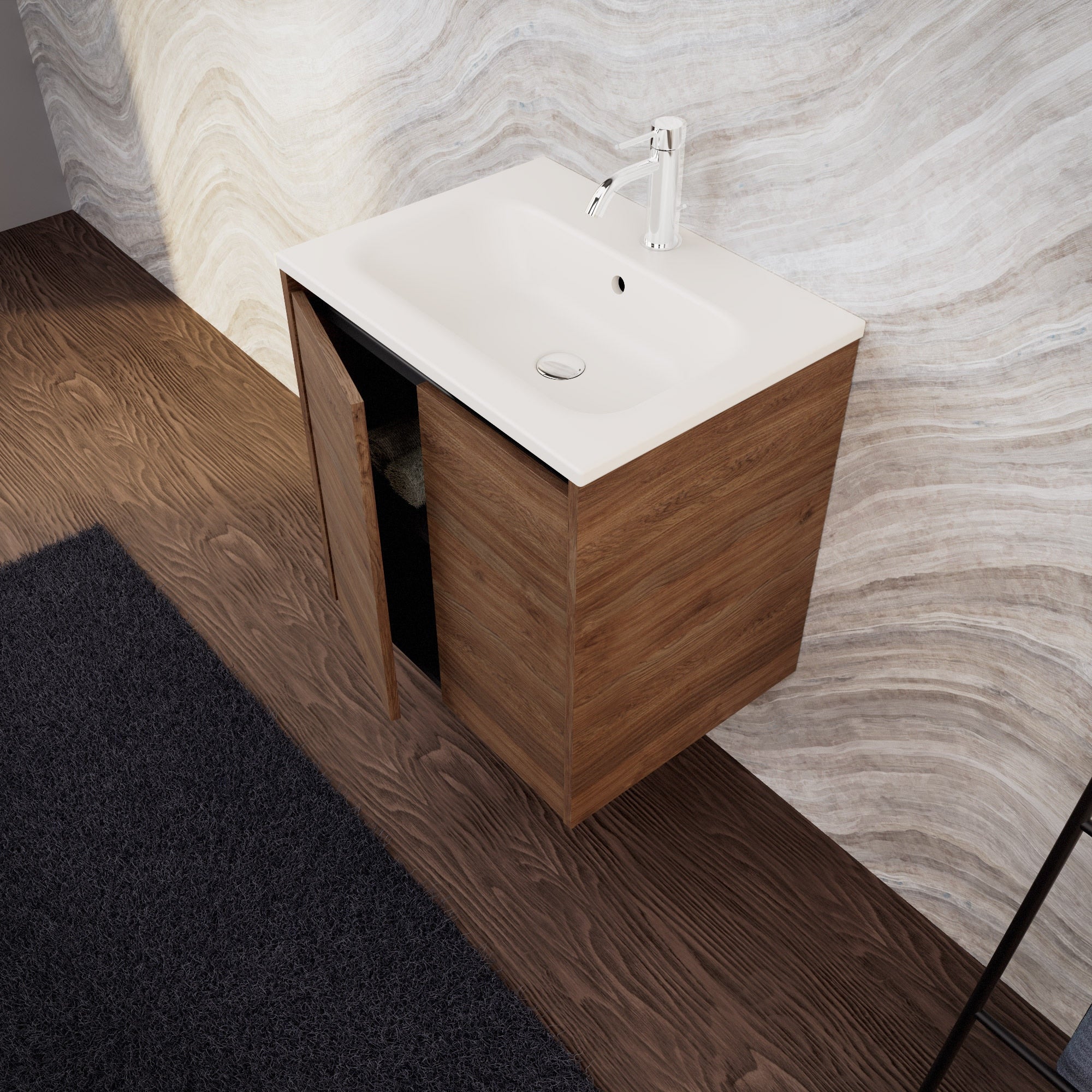 Inda - Mobile bagno L.60 con lavabo opaco / Rovere castano 2 ante - Zaffiro