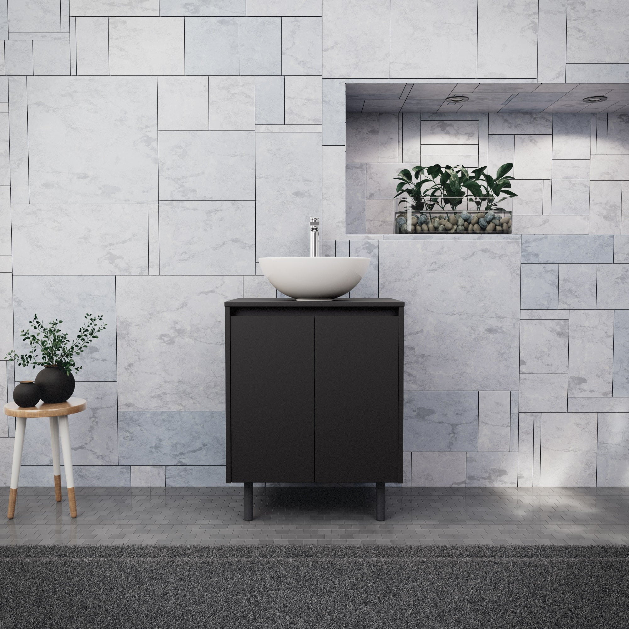 Inda - Mobile bagno L.60 con lavabo in appoggio / Nero opaco 2 ante - Zaffiro