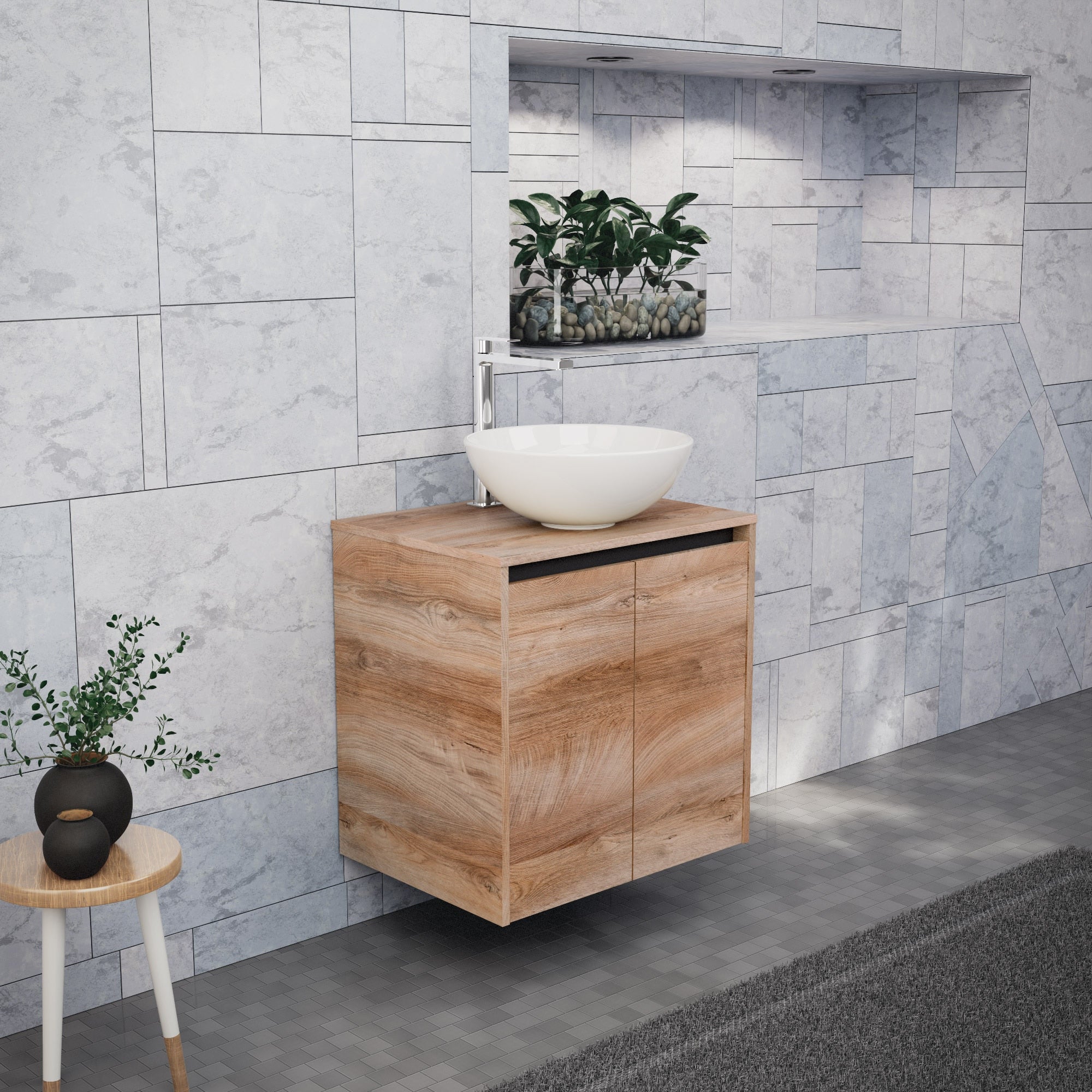 Inda - Mobile bagno L.60 con lavabo in appoggio / Rovere naturale 2 ante - Zaffiro