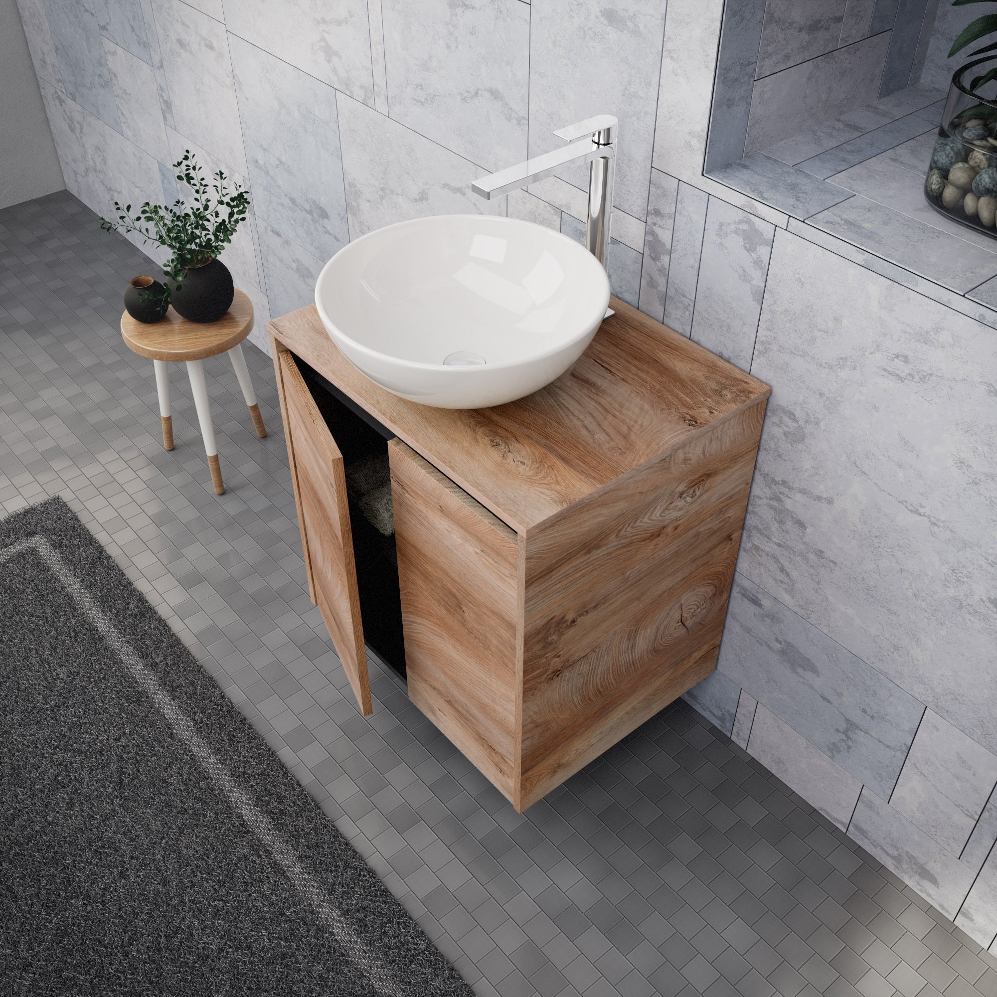 Inda - Mobile bagno L.60 con lavabo in appoggio / Rovere naturale 2 ante - Zaffiro