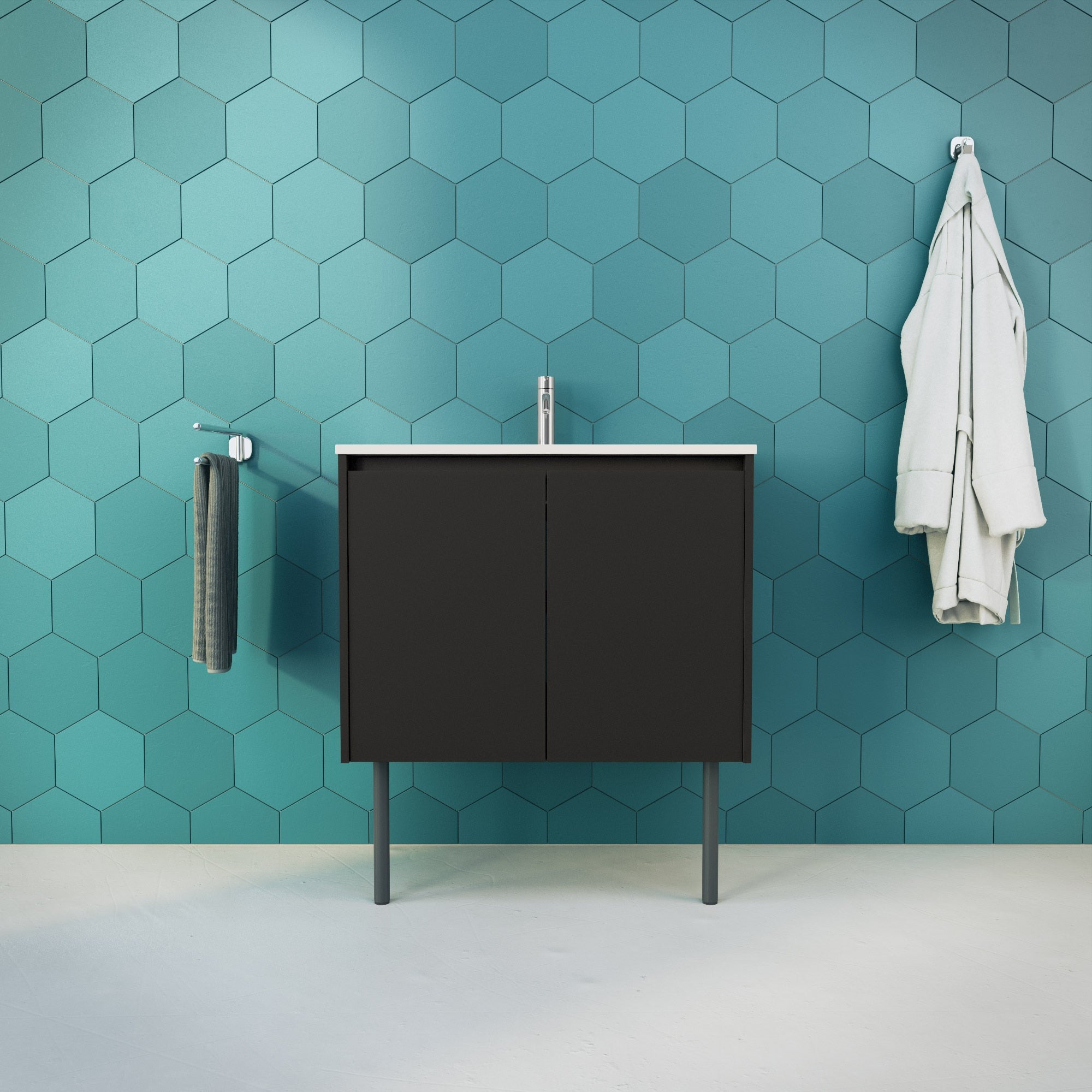 Inda - Mobile bagno L.80 con lavabo lucido / Nero opaco 2 ante - Zaffiro