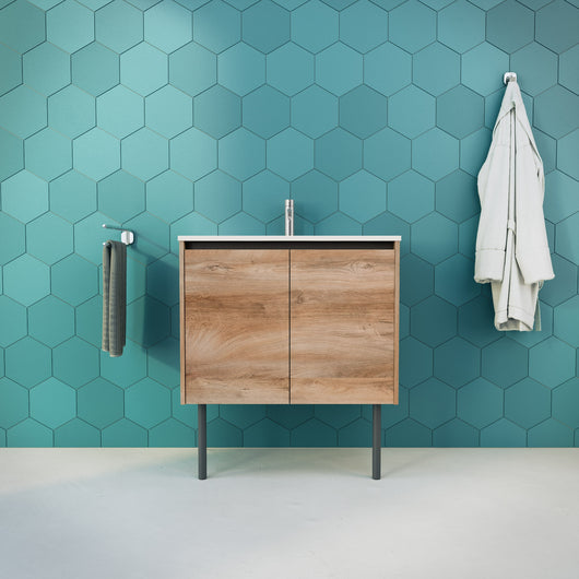 Inda - Mobile bagno L.80 con lavabo lucido / Rovere naturale 2 ante - Zaffiro