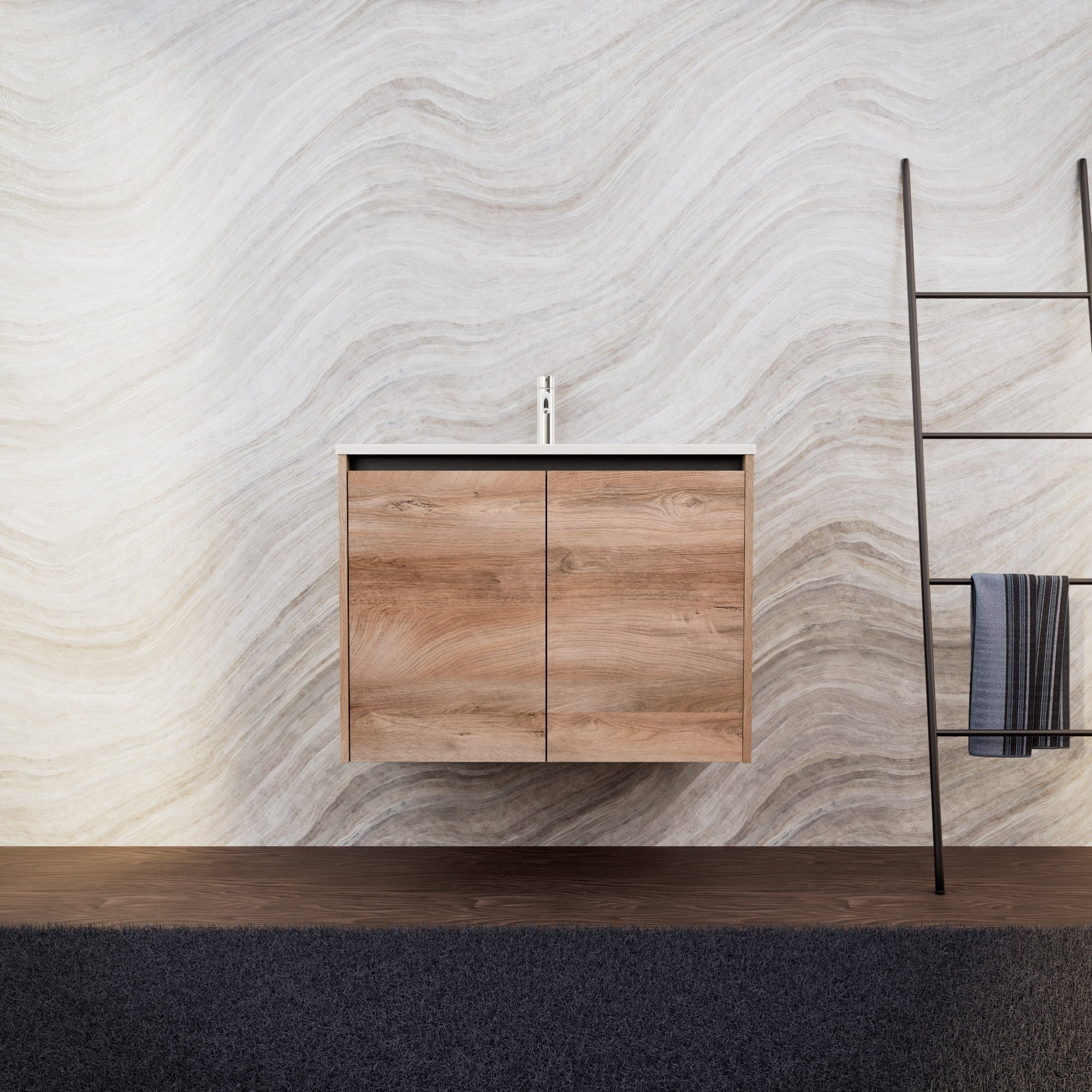 Inda - Mobile bagno L.80 con lavabo opaco / Rovere naturale 2 ante - Zaffiro