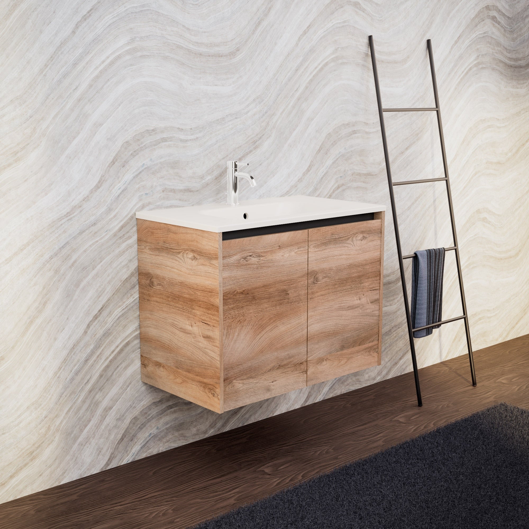 Inda - Mobile bagno L.80 con lavabo opaco / Rovere naturale 2 ante - Zaffiro