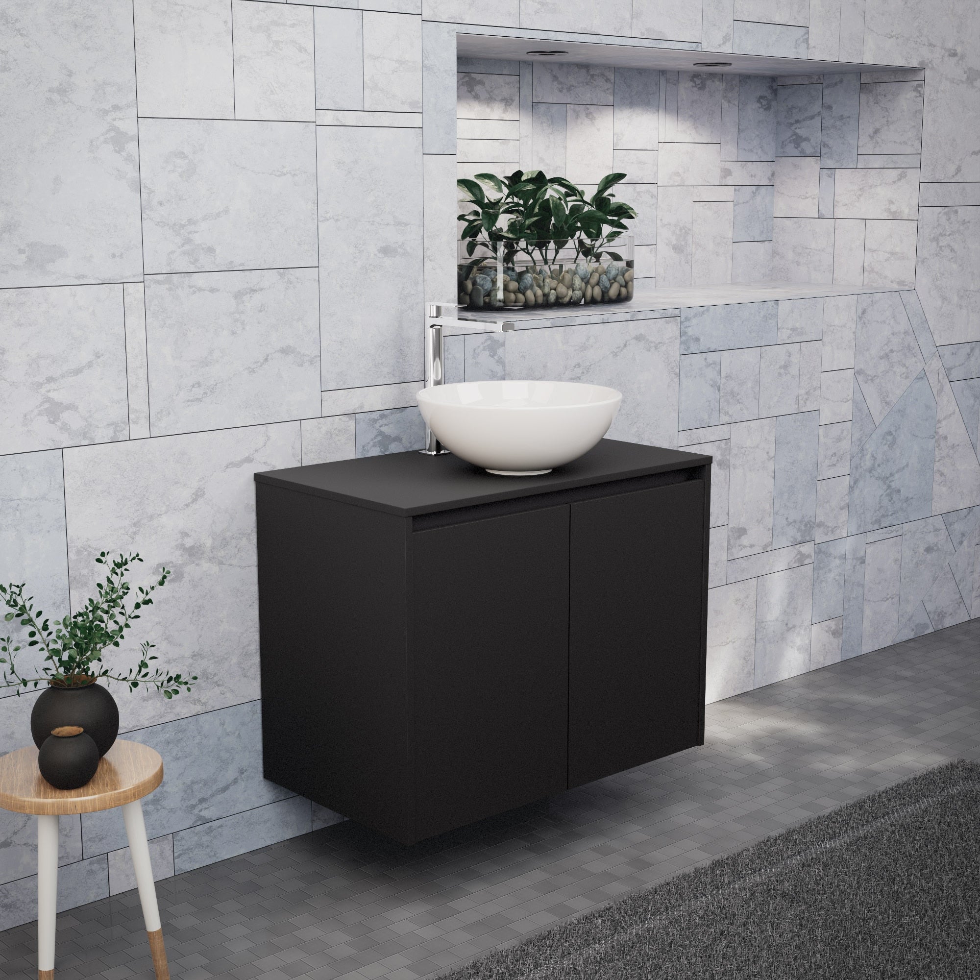 Inda - Mobile bagno L.80 con lavabo in appoggio / Nero opaco 2 ante - Zaffiro