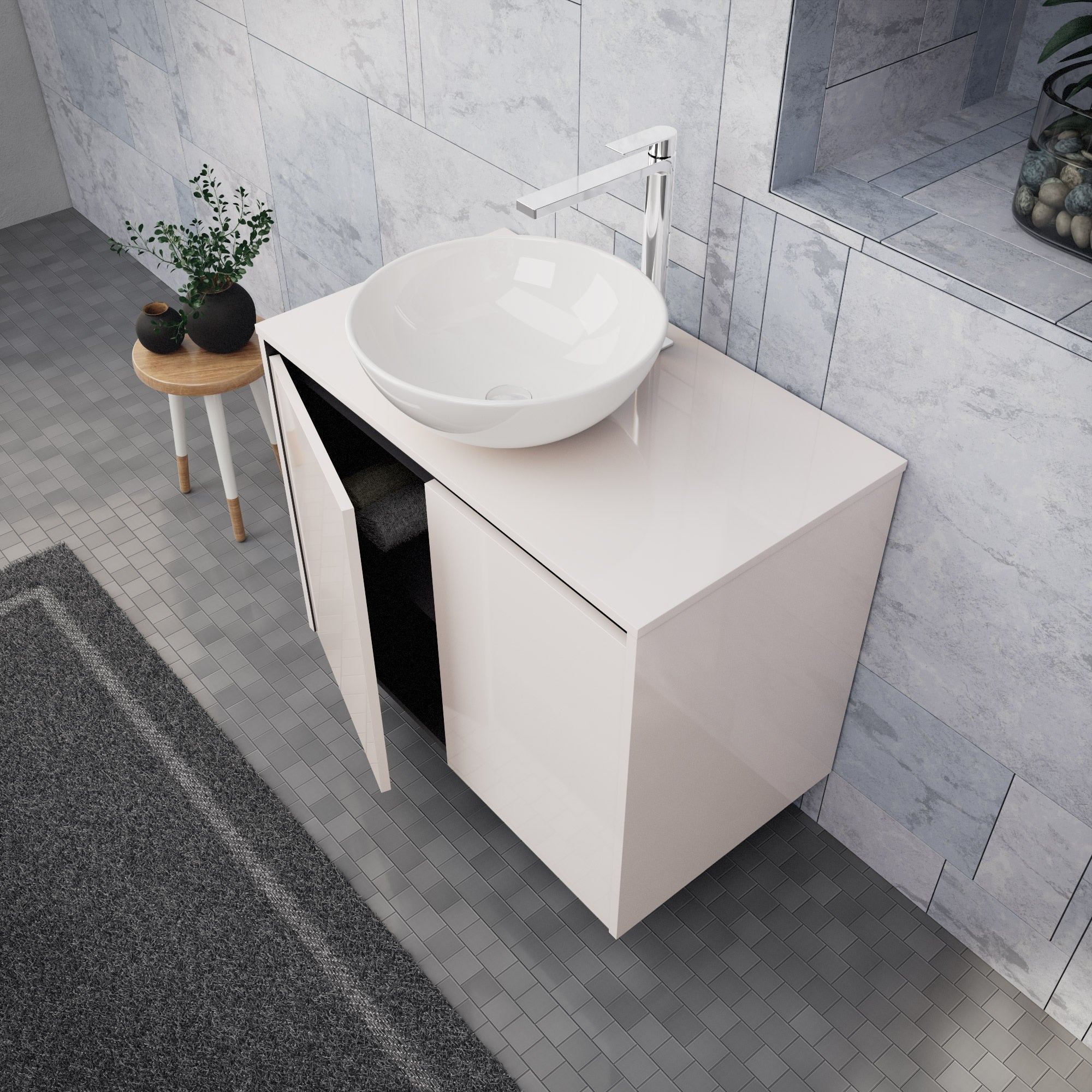 Inda - Mobile bagno L.80 con lavabo in appoggio / Bianco lucido 2 ante - Zaffiro