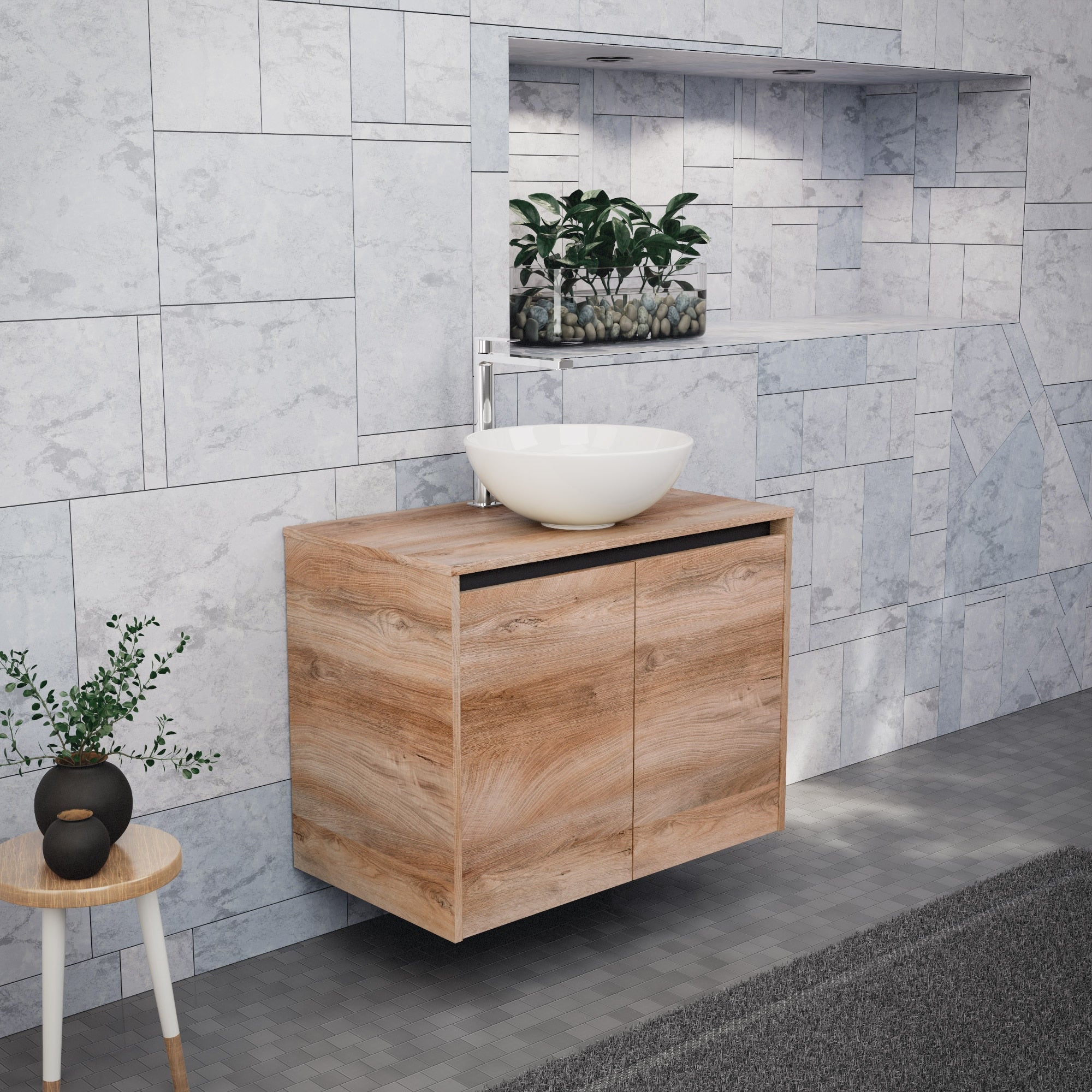 Inda - Mobile bagno L.80 con lavabo in appoggio / Rovere naturale 2 ante - Zaffiro